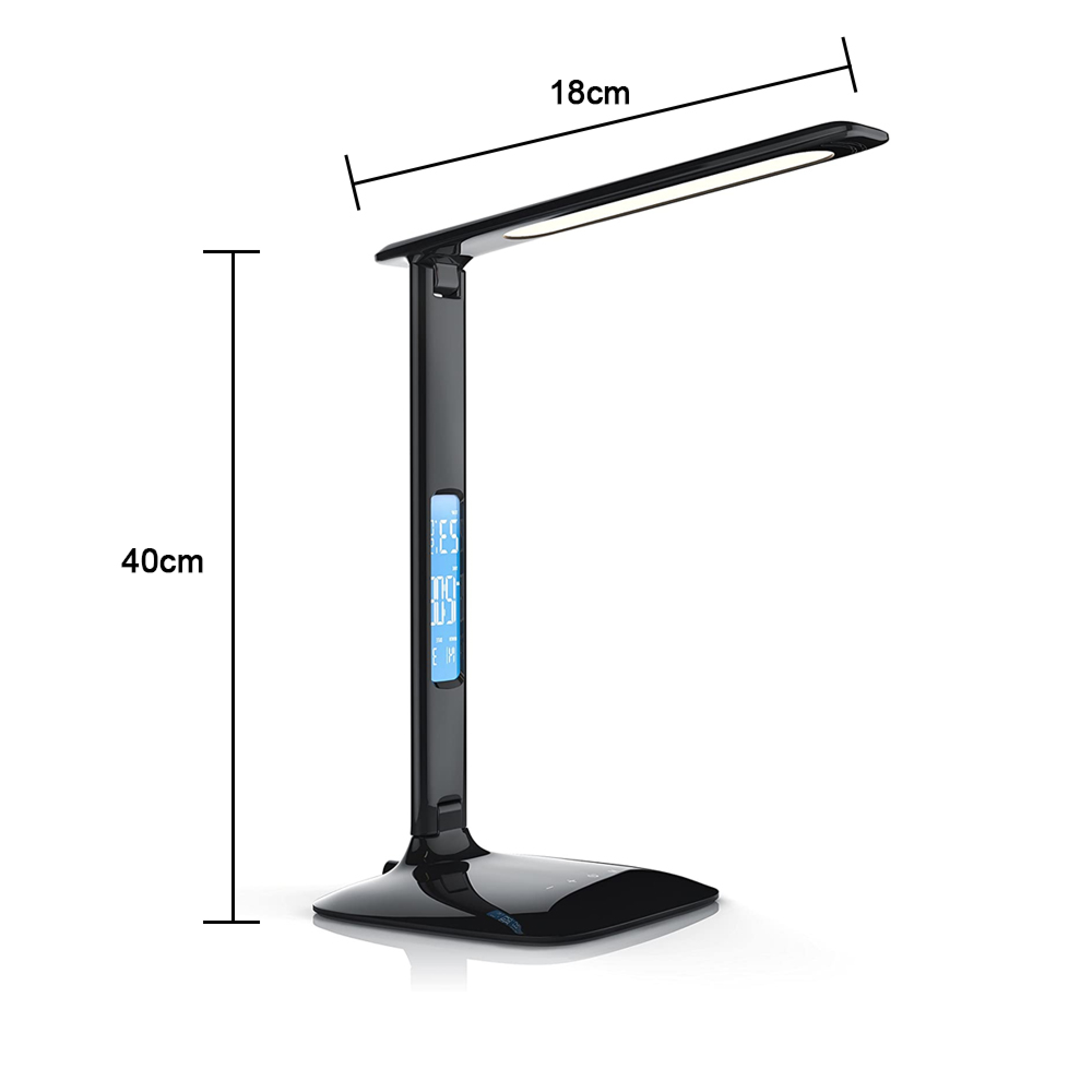 Schwarze Schreibtischlampe, 40cm hoch, 18cm breit, mit digitaler Anzeige.
