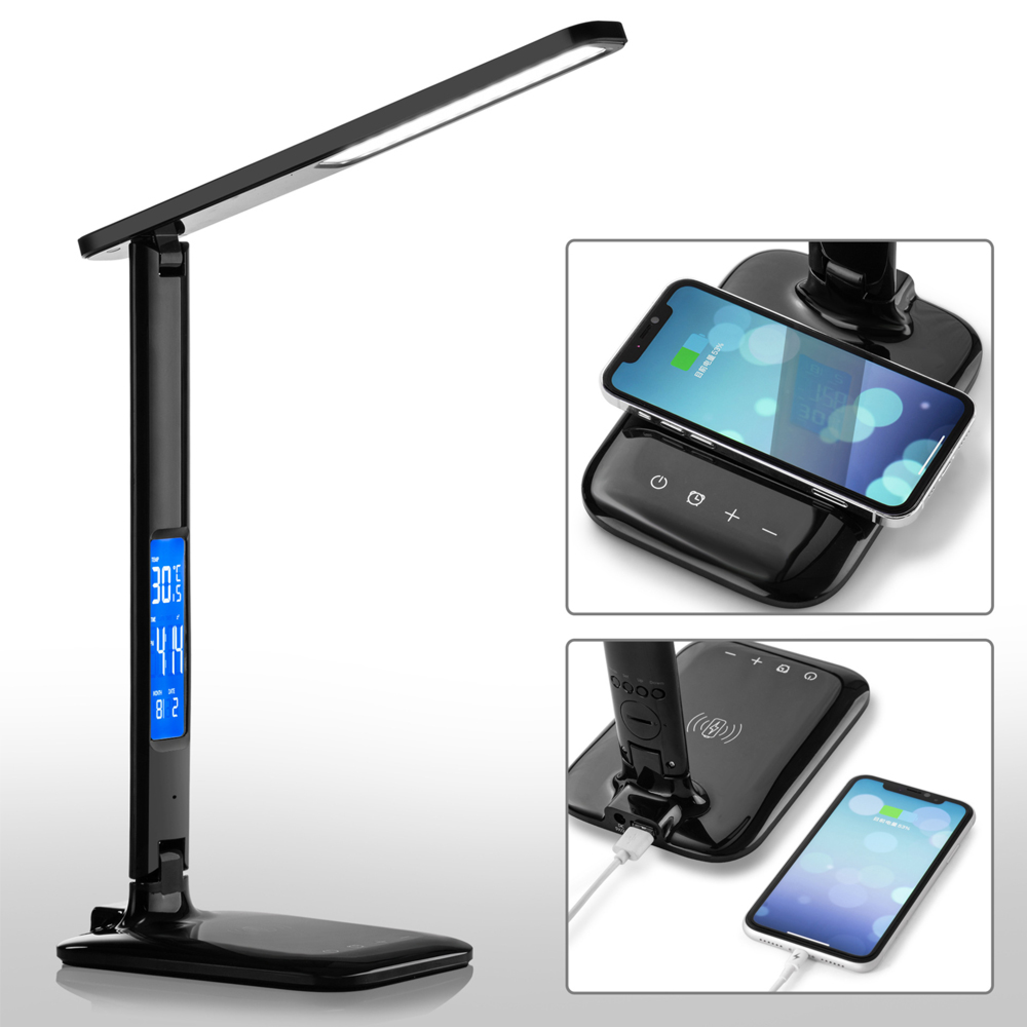 Schwarze Schreibtischlampe mit digitaler Anzeige, lädt ein Smartphone kabellos auf.
