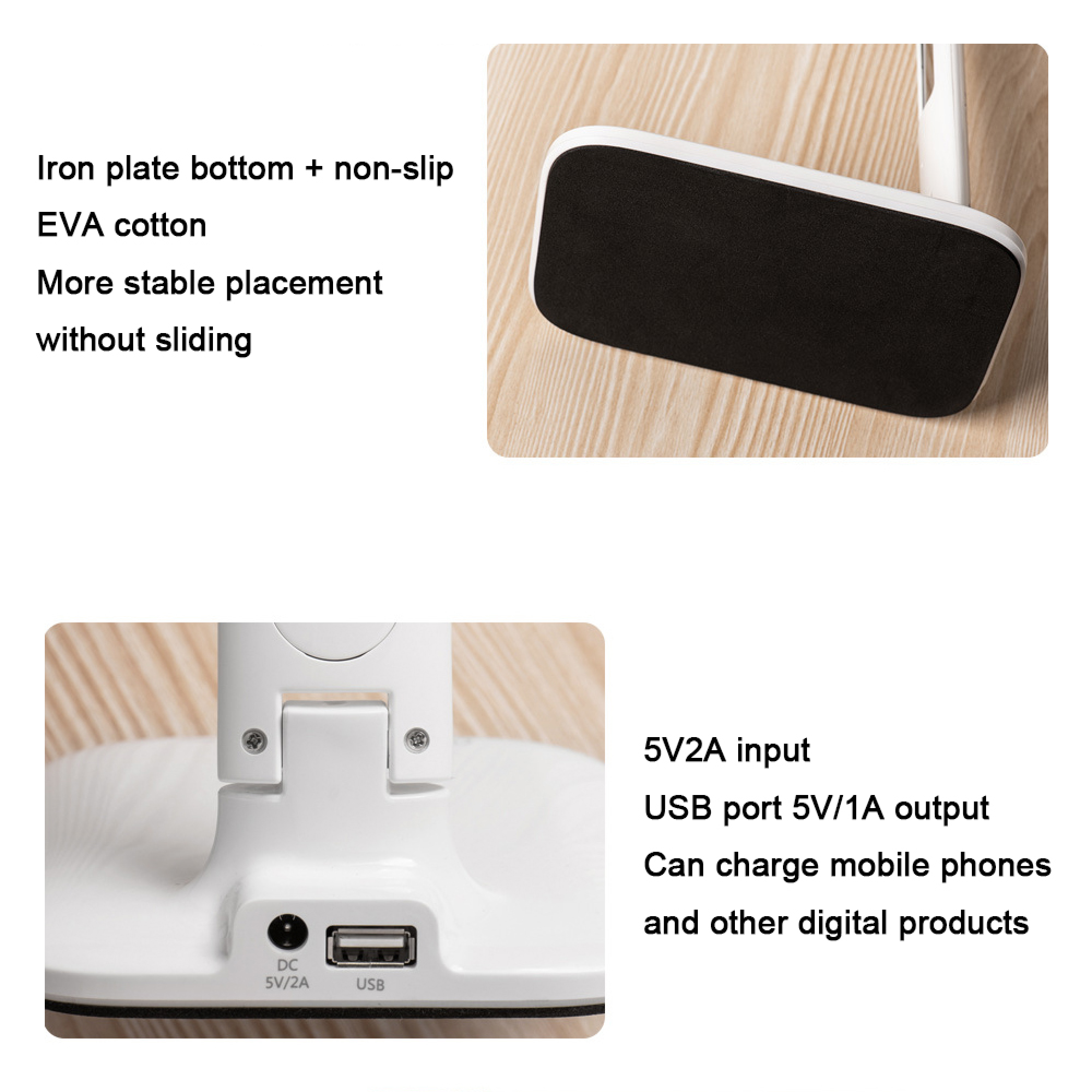 Basis aus Eisenplatte mit rutschfester EVA-Baumwolle, 5V2A-Eingang, USB-Ausgang.