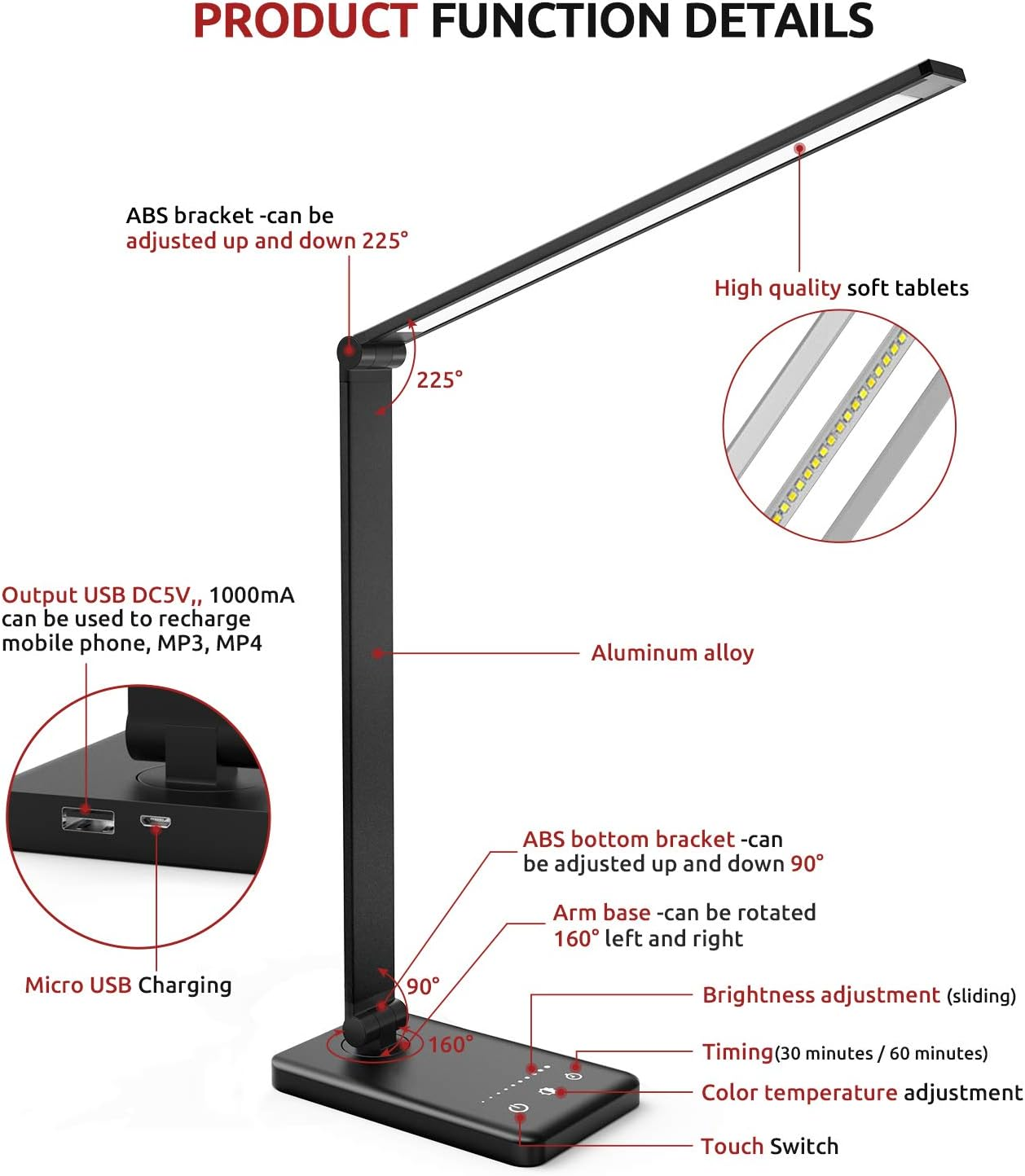 Schwarze LED-Schreibtischlampe mit verstellbarem Arm und Basis. USB-Anschluss zum Aufladen.