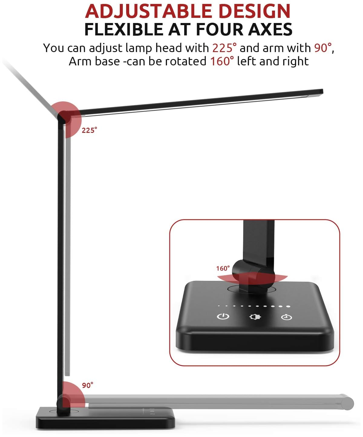 Schwarze Schreibtischlampe mit verstellbarem Kopf (225°) und Arm (90°), Sockel 160° drehbar.