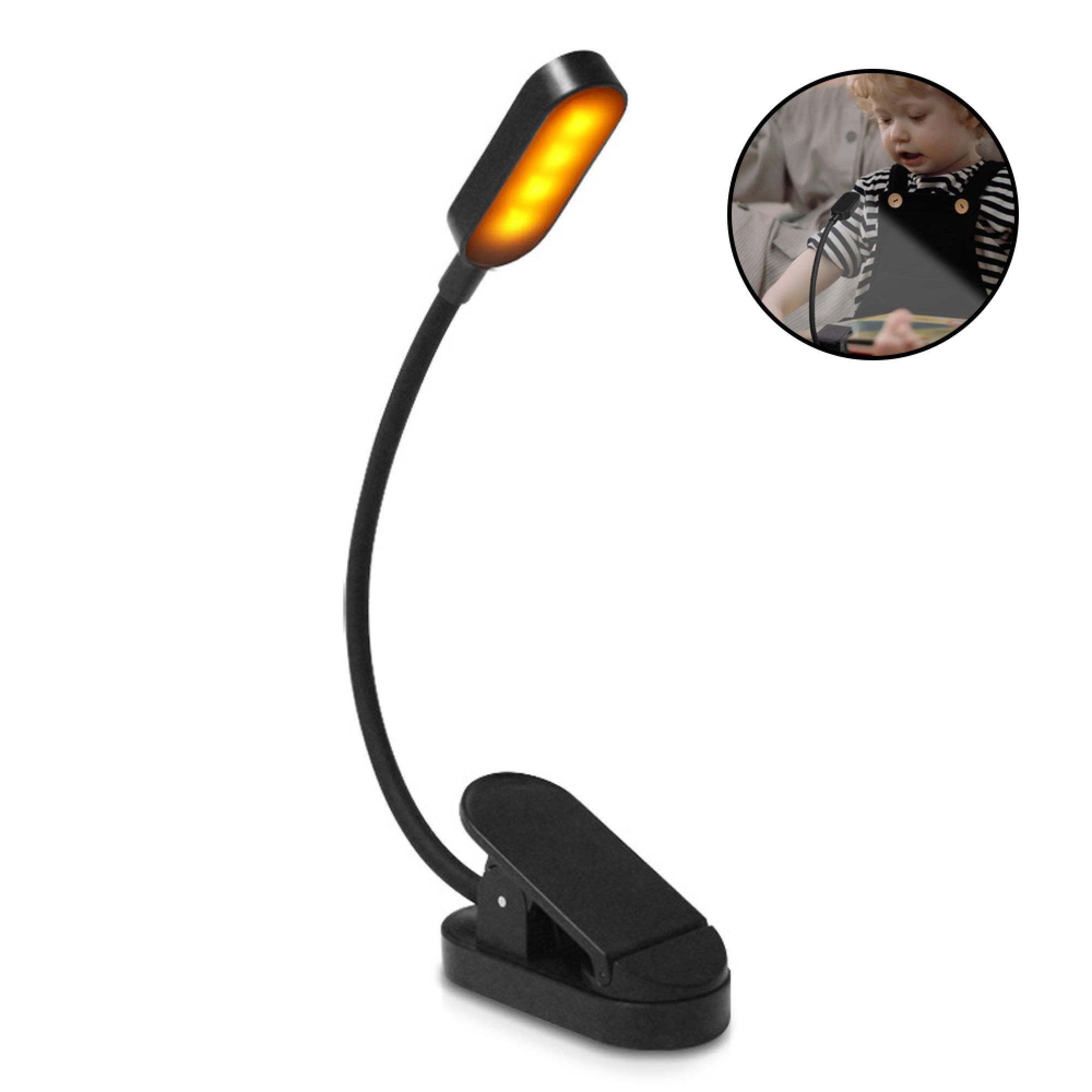 Ein schwarzes Klemmlicht mit 5 gelben LEDs leuchtet. Ein Kleinkind liest.
