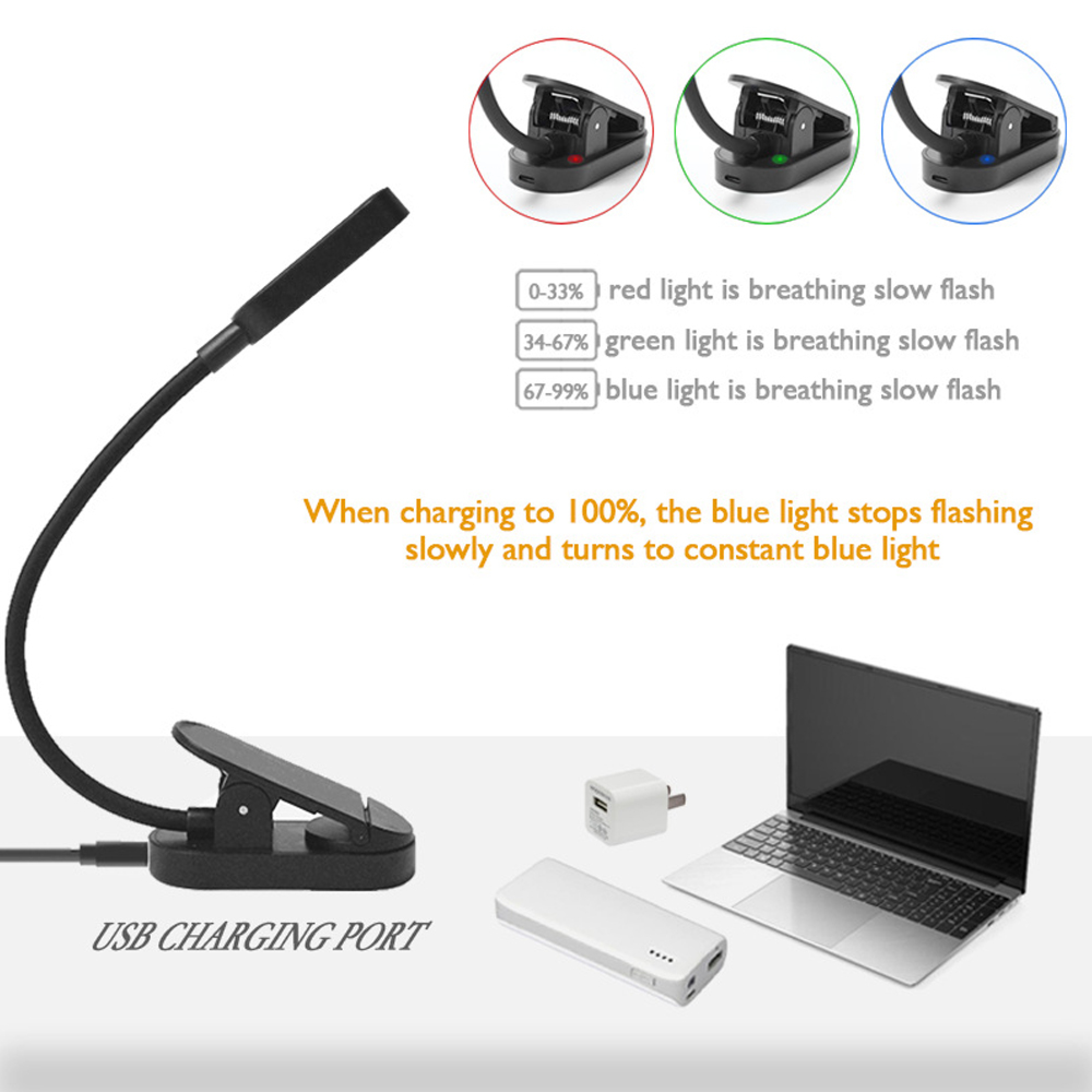 Ein schwarzes USB-Ladeclip-Licht mit drei Ladezustandsanzeigen und Geräten.