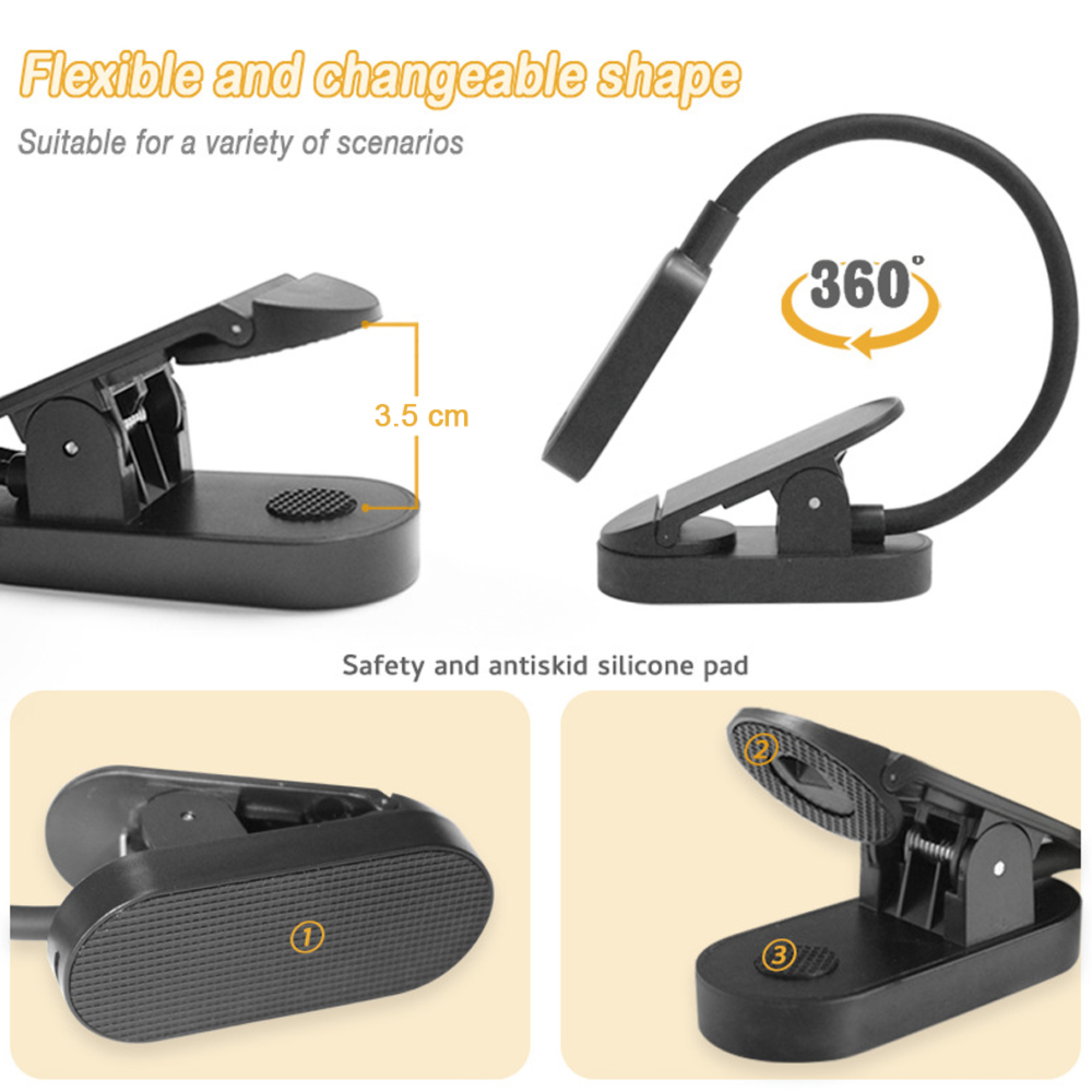 Ein schwarzer Klemm-Clip mit flexiblem Hals und 360-Grad-Drehung.