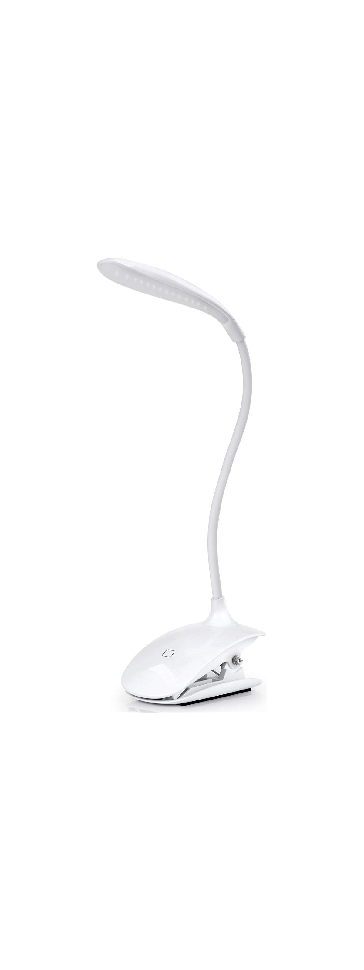 Eine weiße Klemm-Schreibtischlampe mit biegsamem Hals und LED-Lichtleiste.