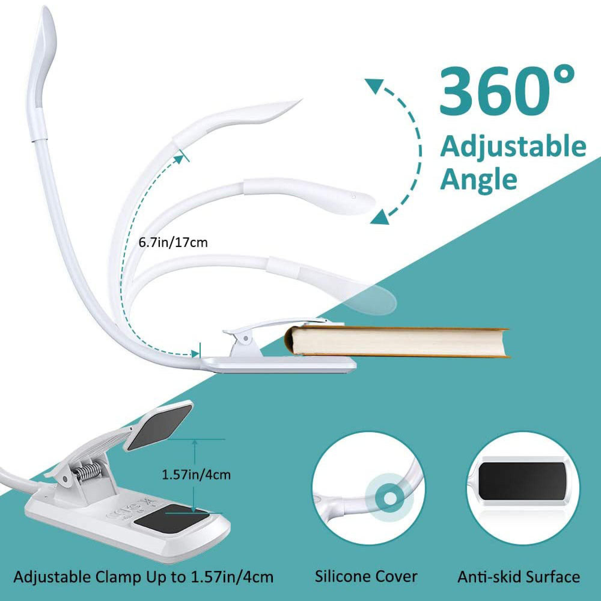 Weißes Leselicht mit flexiblem Arm, verstellbarer Klemme und 360° Winkel.