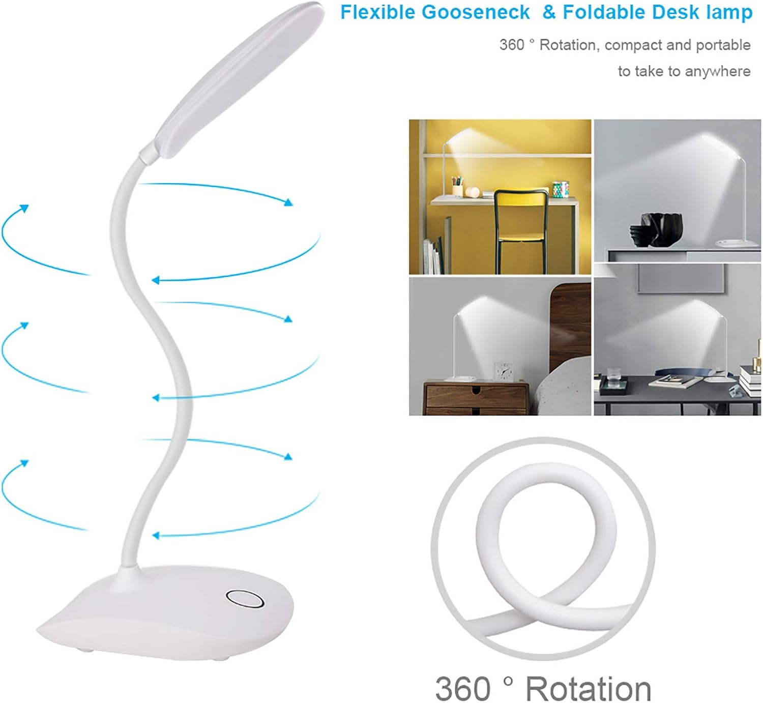 Eine weiße, flexible Schwanenhals-Schreibtischlampe mit rundem Fuß wird gezeigt, blaue Pfeile deuten Rotation an.