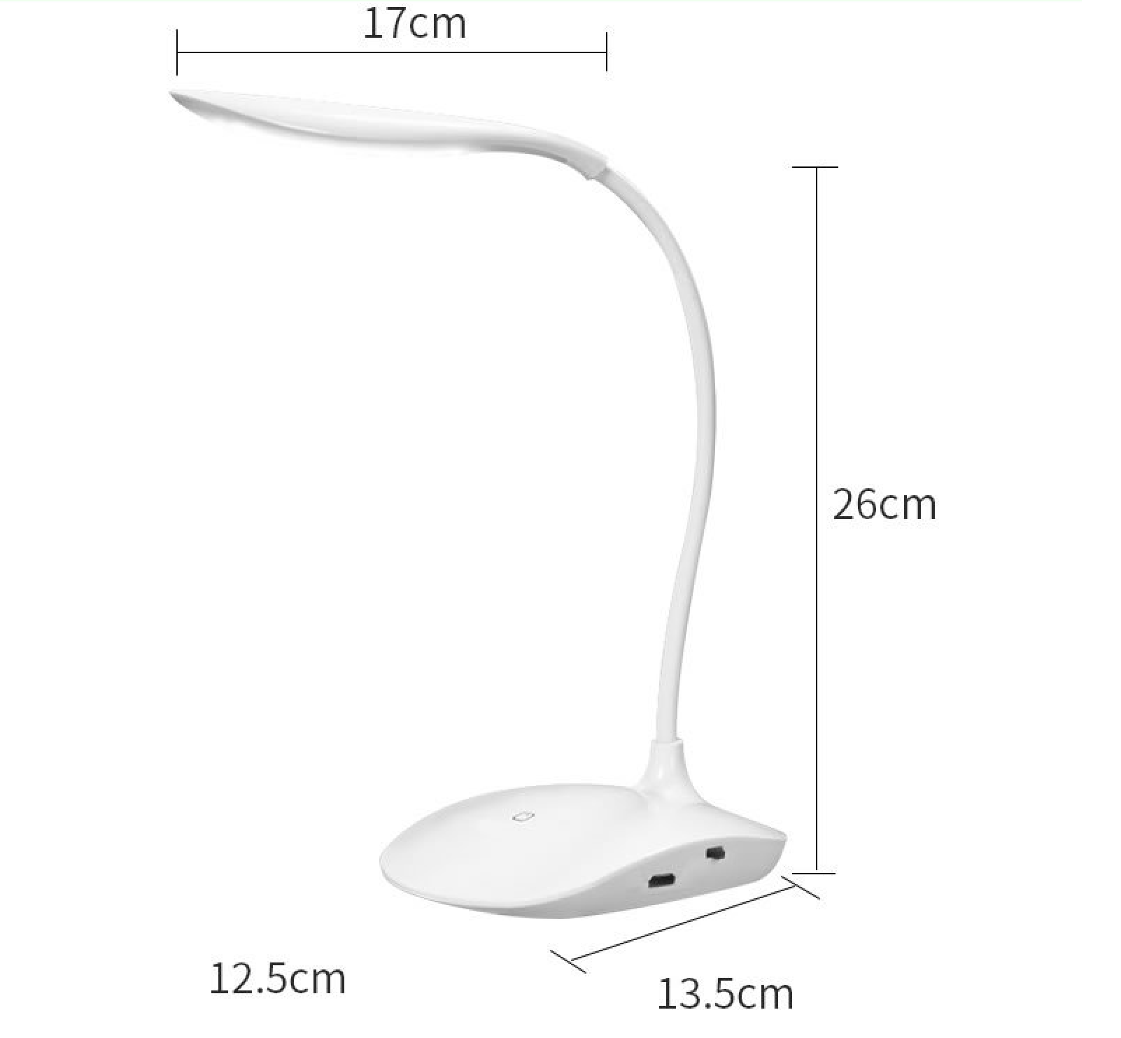 Weiße Schreibtischlampe mit flexibler Halterung und Maßen: 17cm breit, 26cm hoch, 12,5cm Basisbreite, 13,5cm Basisdicke.