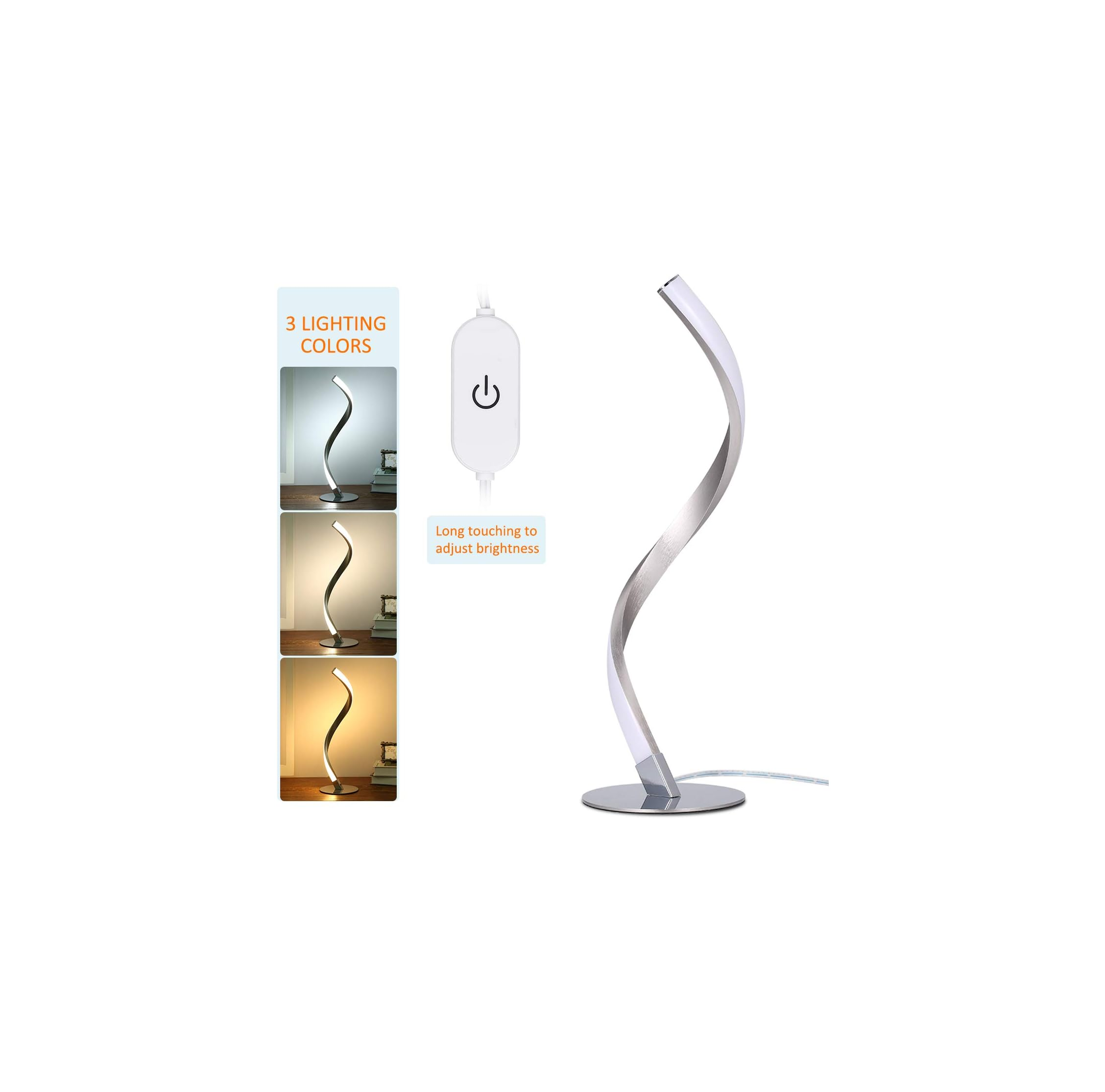 Moderne Schreibtischlampe mit gewundenem Design und drei Lichtfarben.