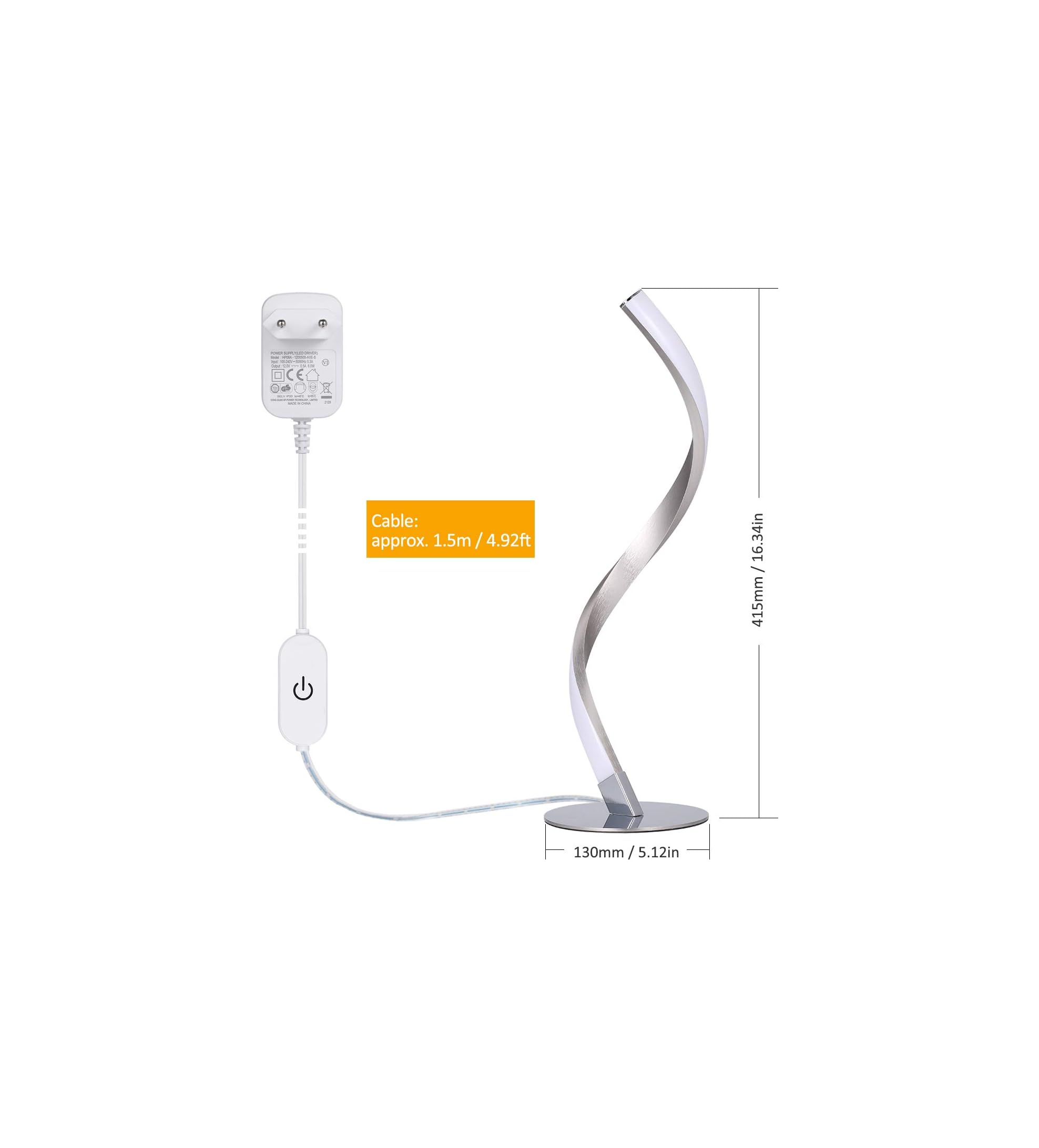 Eine weiße Lampe mit geschwungenem Design, Netzteil und Kabel mit Schalter.