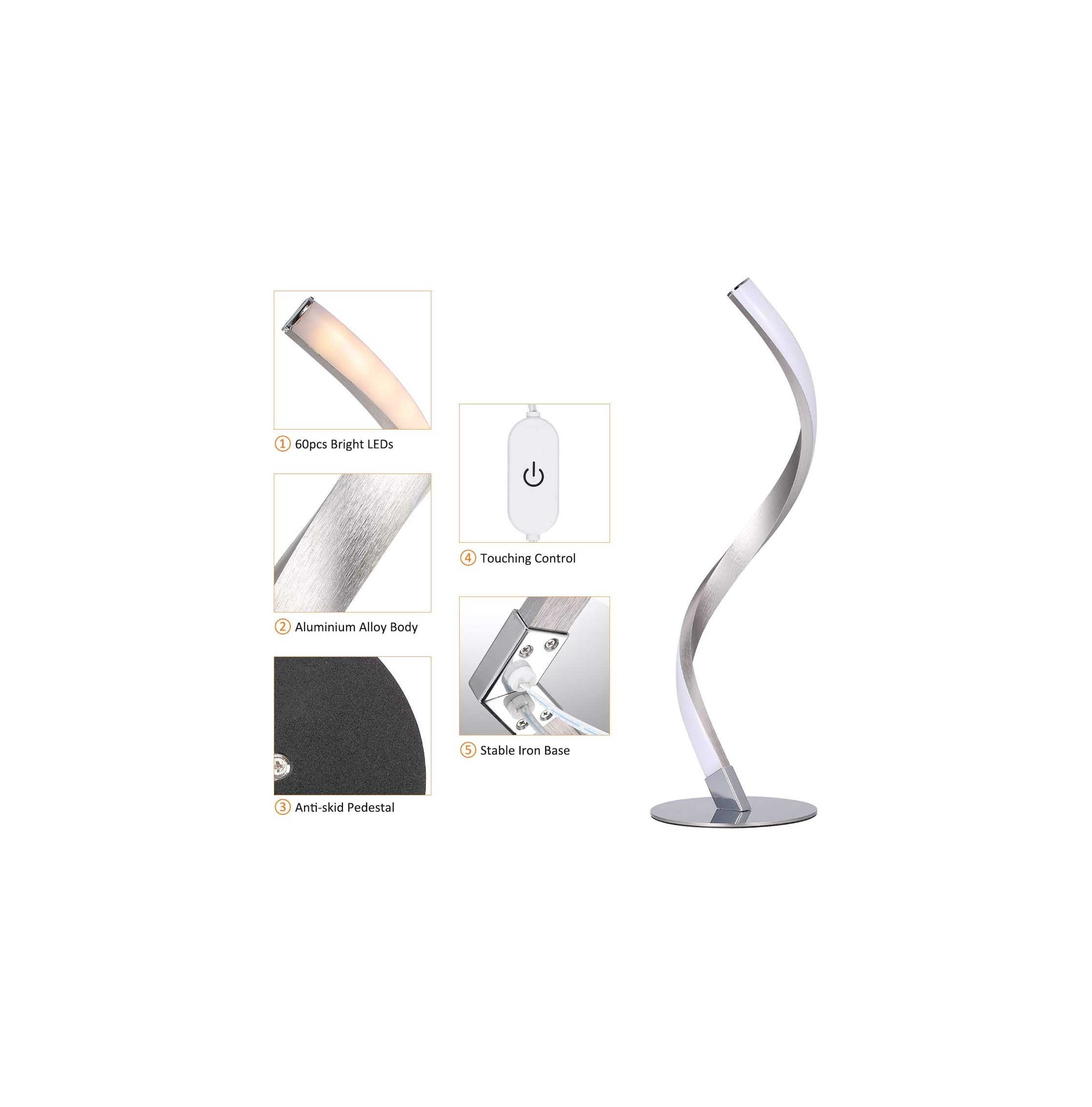 Eine moderne Schreibtischlampe mit geschwungenem Aluminiumkörper und Touch-Steuerung.