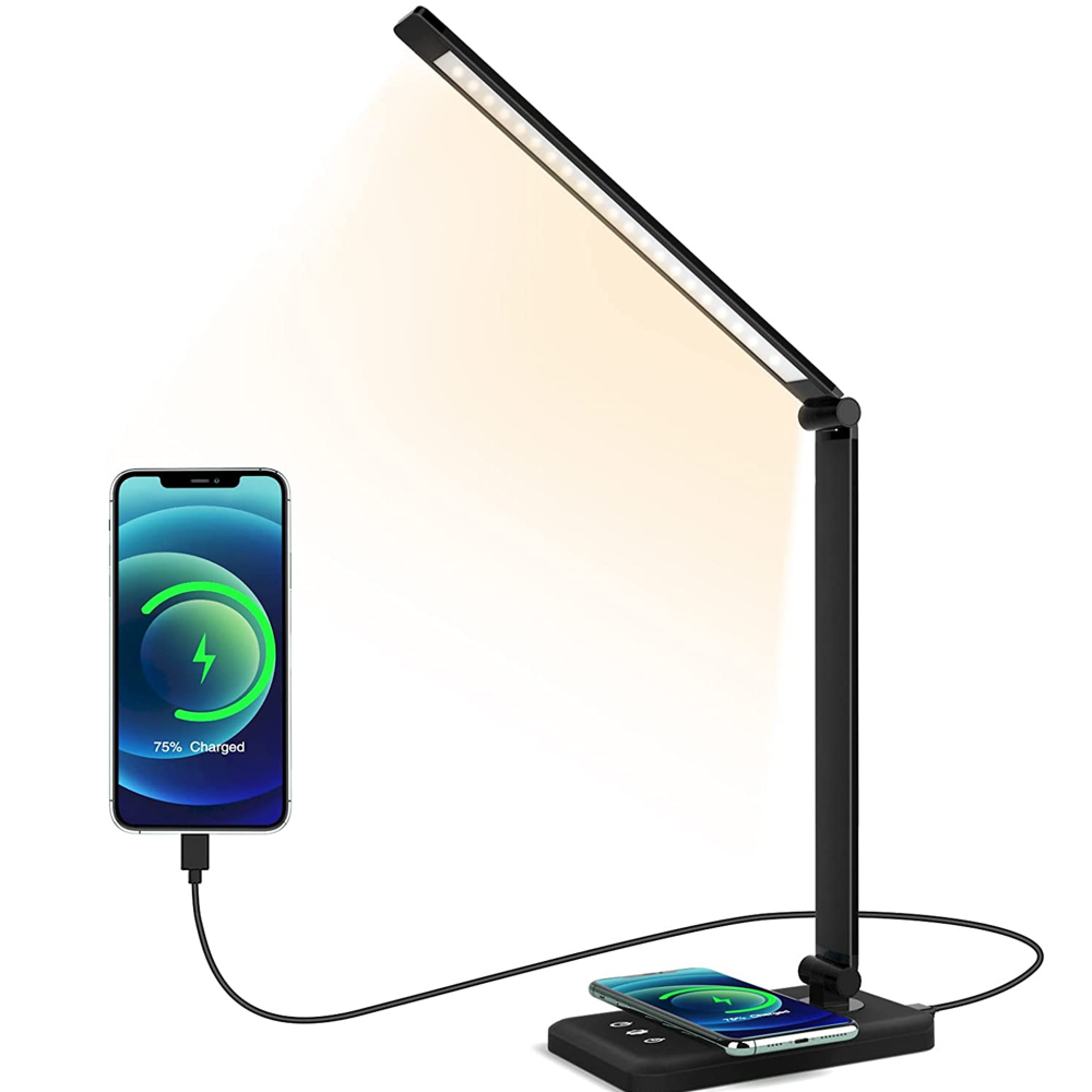 Schwarze Schreibtischlampe mit LED, lädt zwei iPhones drahtlos und per Kabel.