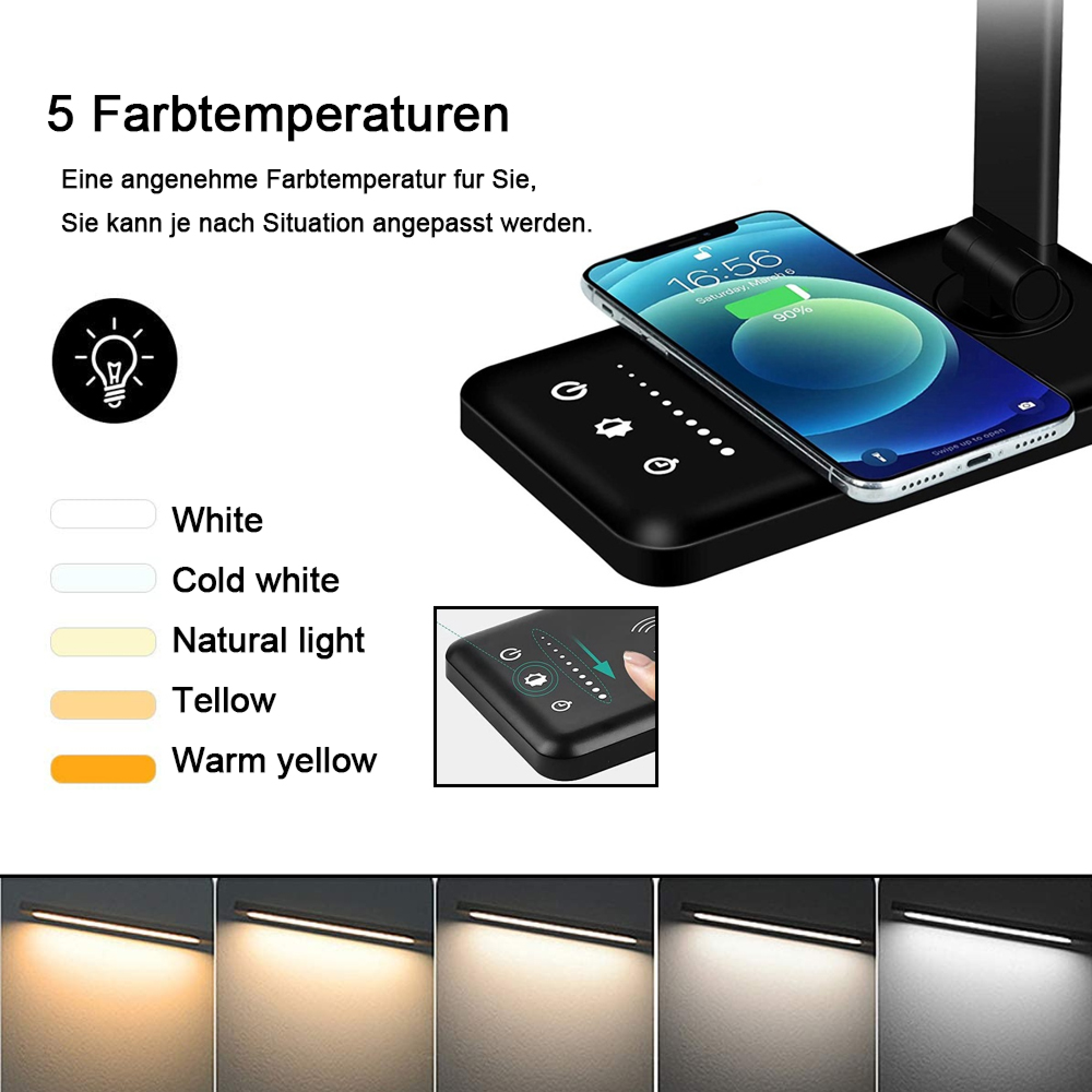 Ein Smartphone wird auf einer Ladestation mit Touch-Steuerung geladen.