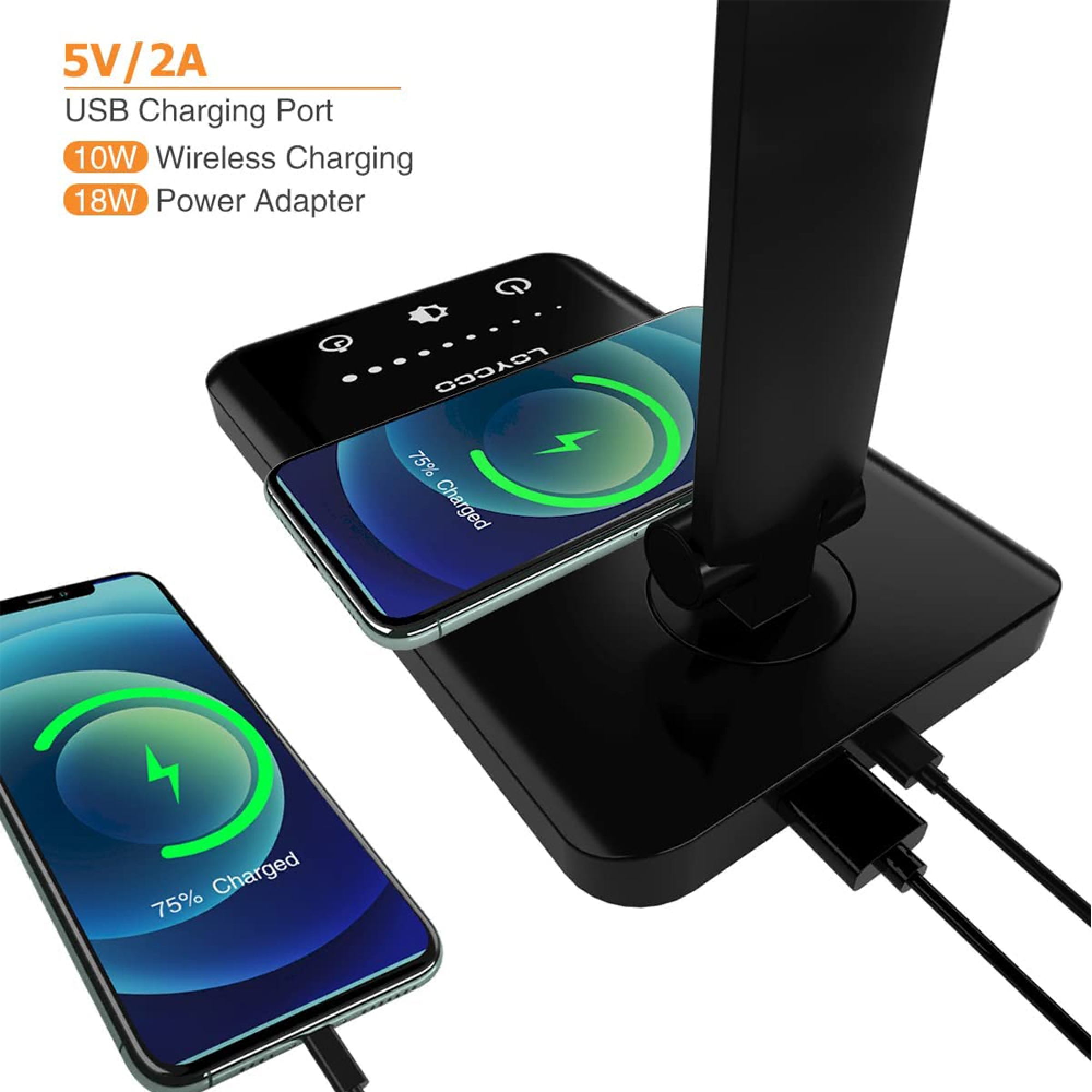 Zwei Handys laden: eins drahtlos, eins per USB. Beide zeigen 75% geladen.