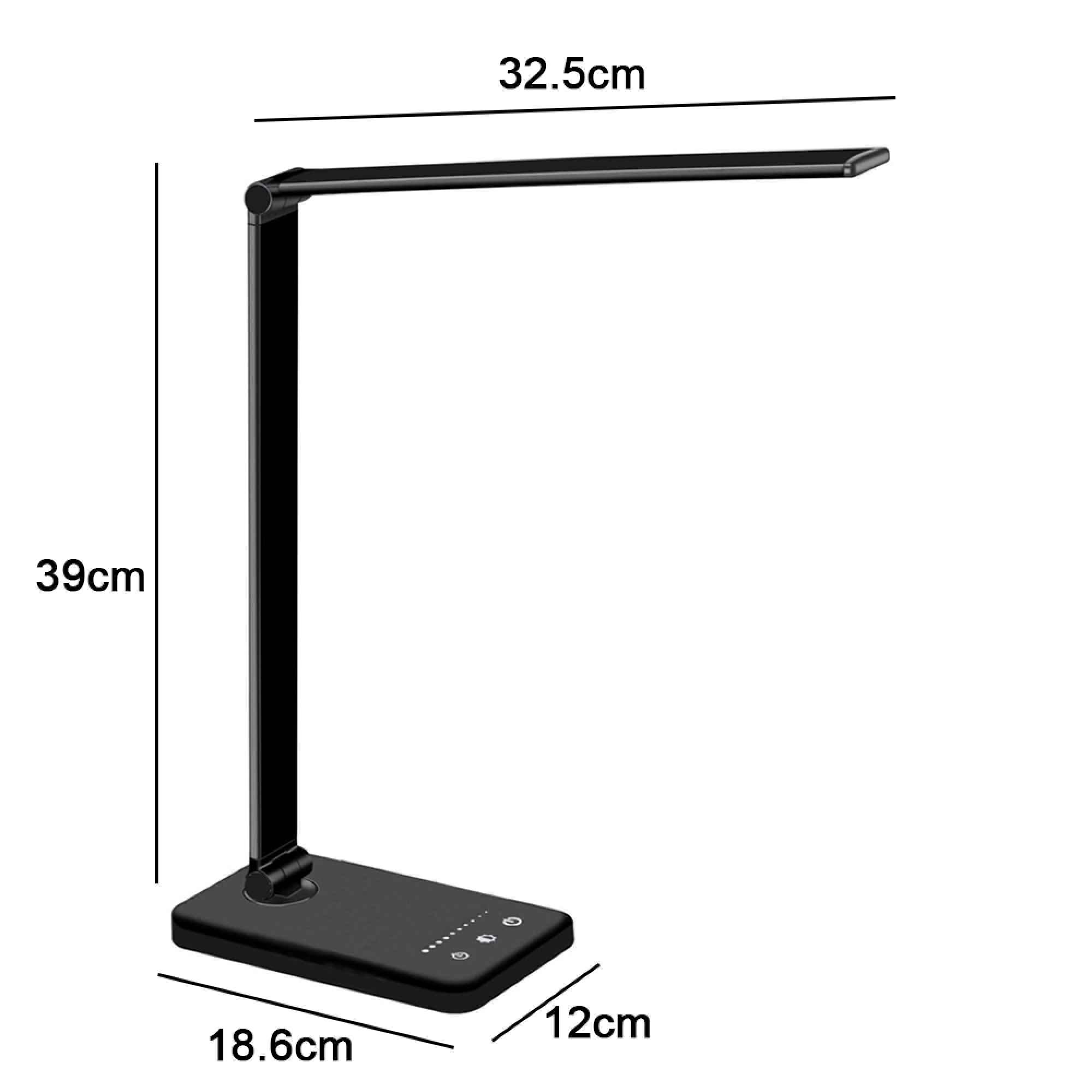 Schwarze Schreibtischlampe mit verstellbarem Arm und Touch-Bedienelementen.