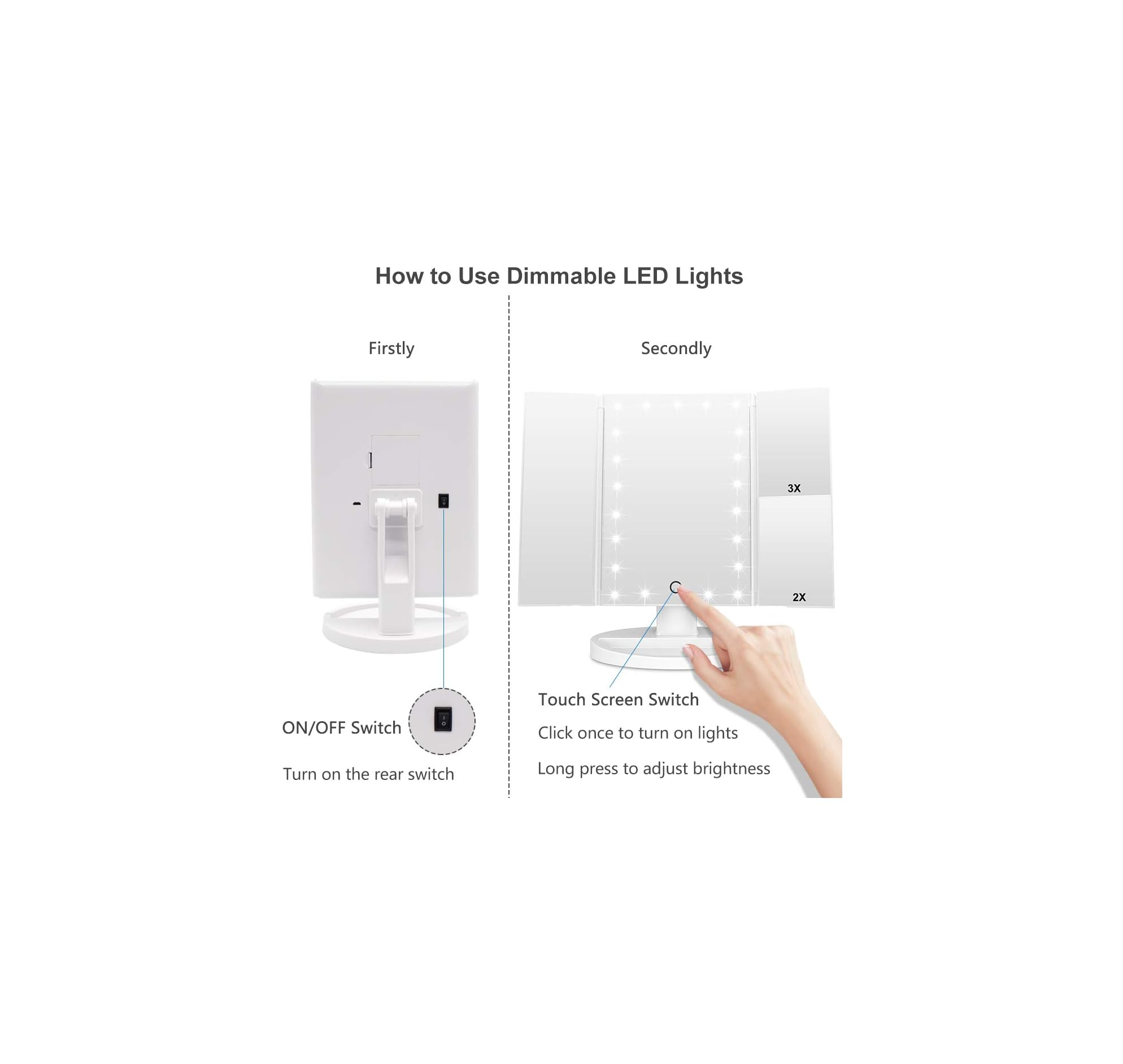 Anleitung für einen dreifach klappbaren Spiegel mit LED-Lichtern: hinterer Ein-/Ausschalter und vordere Touch-Steuerung.