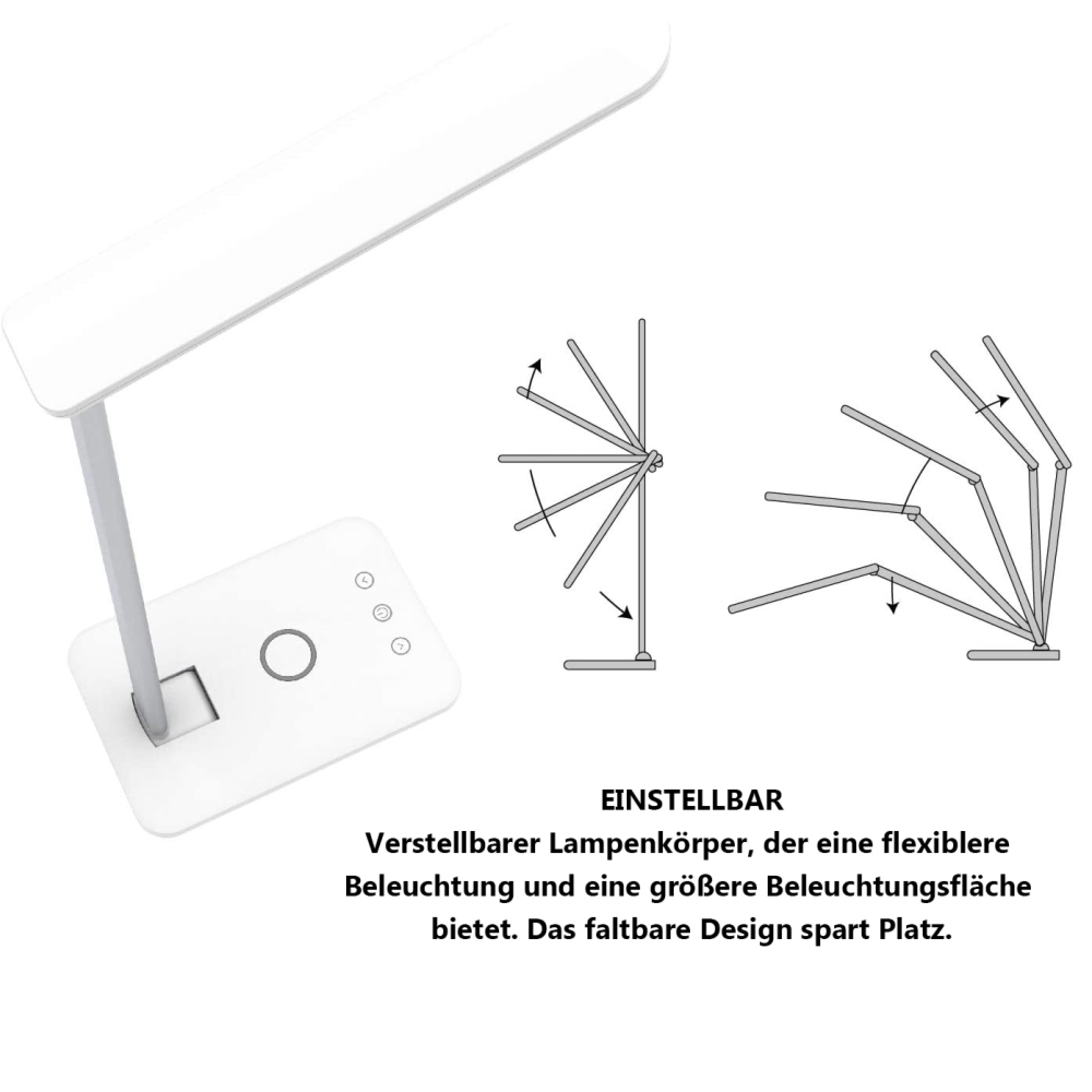 Ein weißer Schreibtischlampe mit verstellbarem Arm und Bedienfeldern.