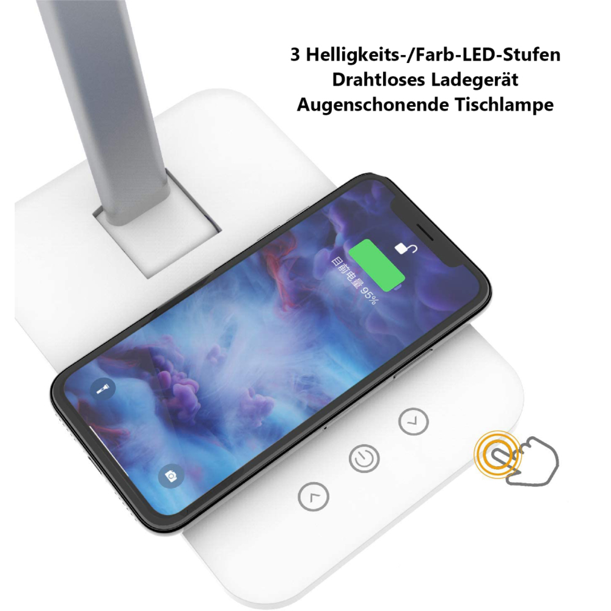 Ein Smartphone mit 95% Akku lädt auf einer weißen Lampe mit Touch-Bedienelementen.