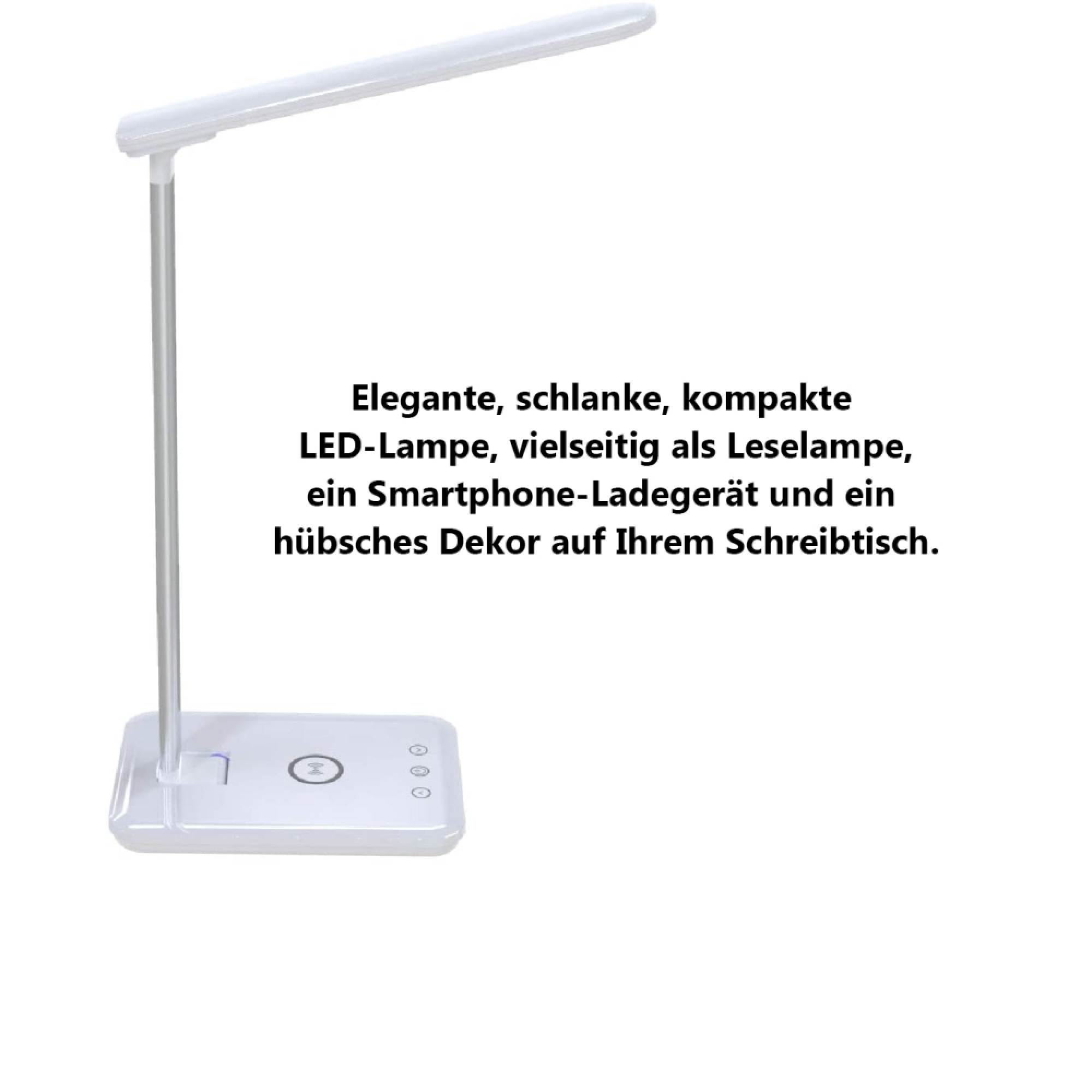 Weiße LED-Schreibtischlampe mit kabellosem Ladegerät und schlankem Design.