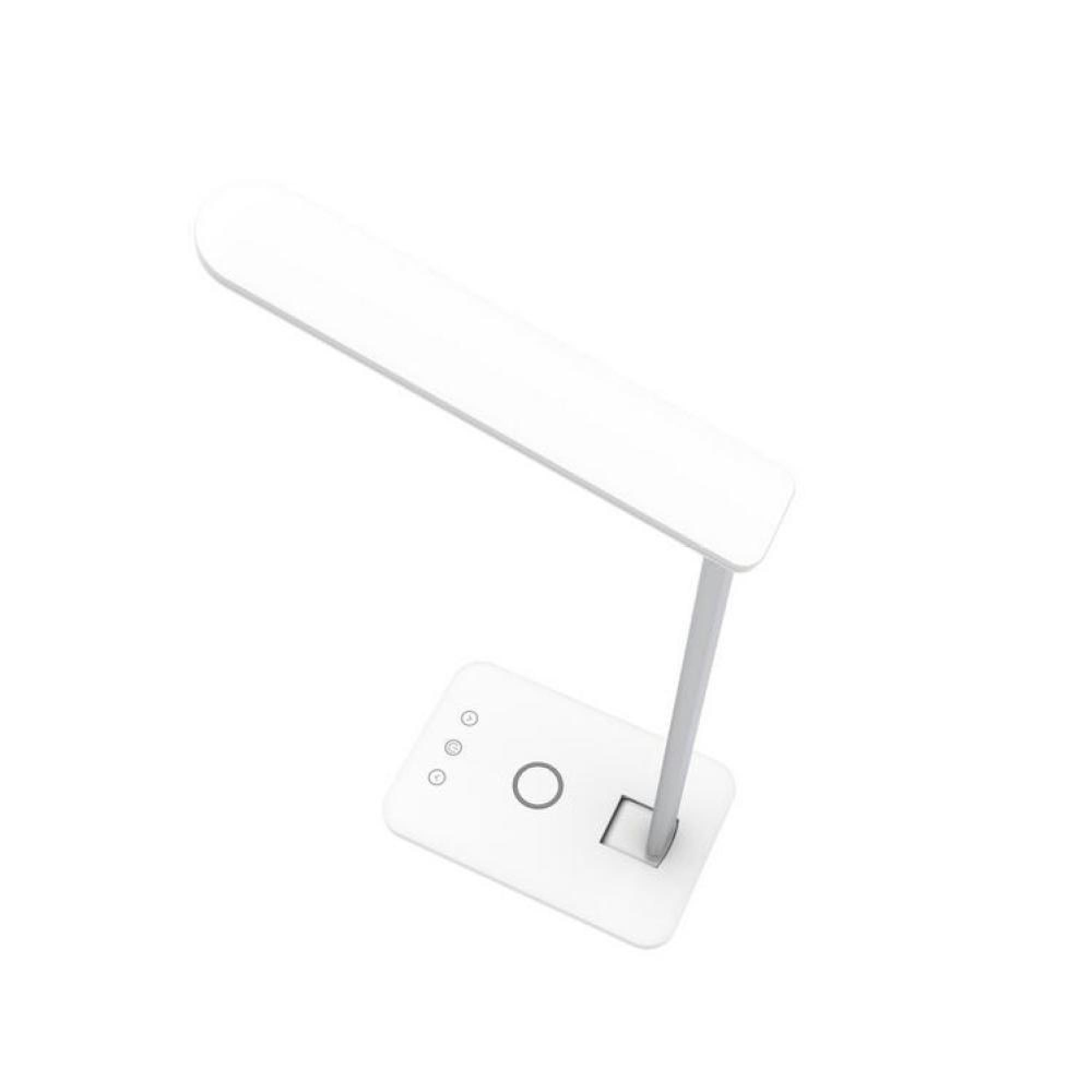 Eine weiße, moderne Schreibtischlampe mit einem verstellbaren Arm und Sockel.