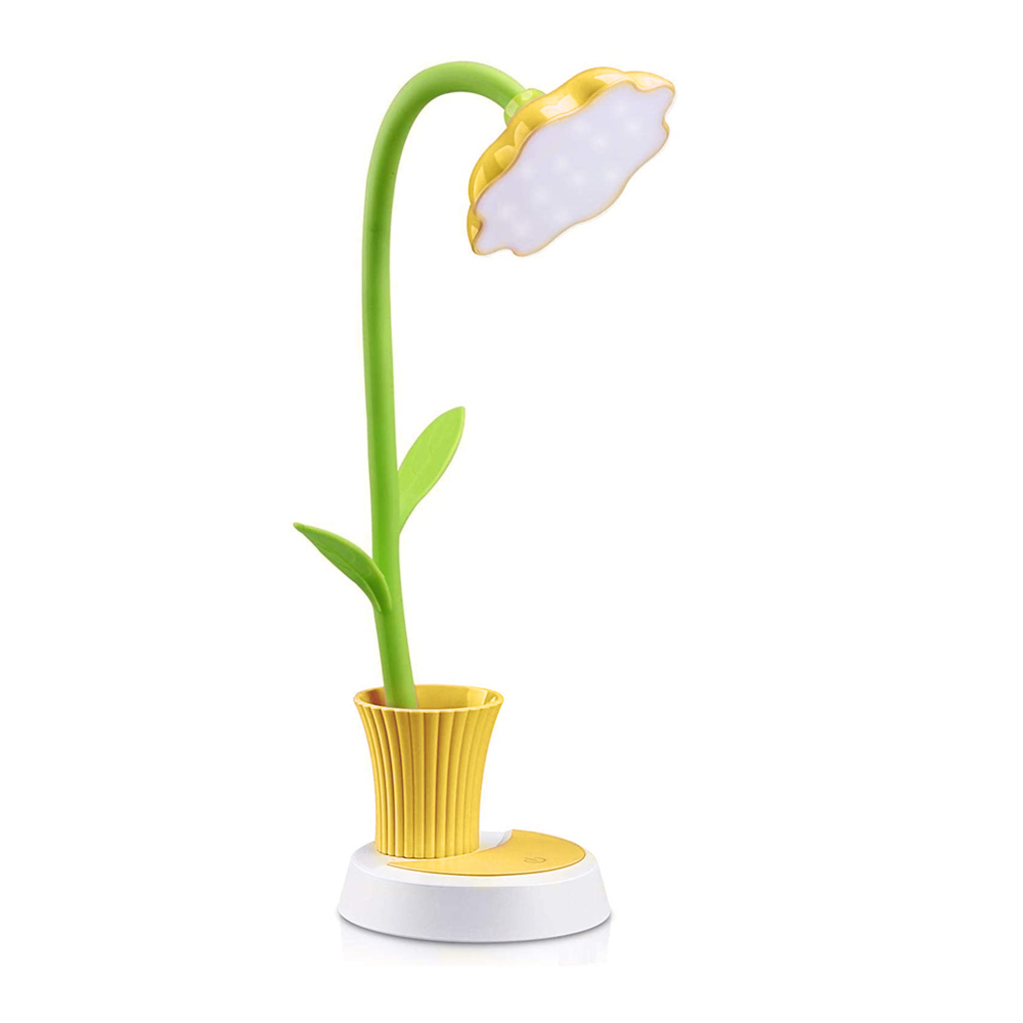 Eine gelbe Lampe in Blumenform mit grünem Stiel steht in einem Topf.