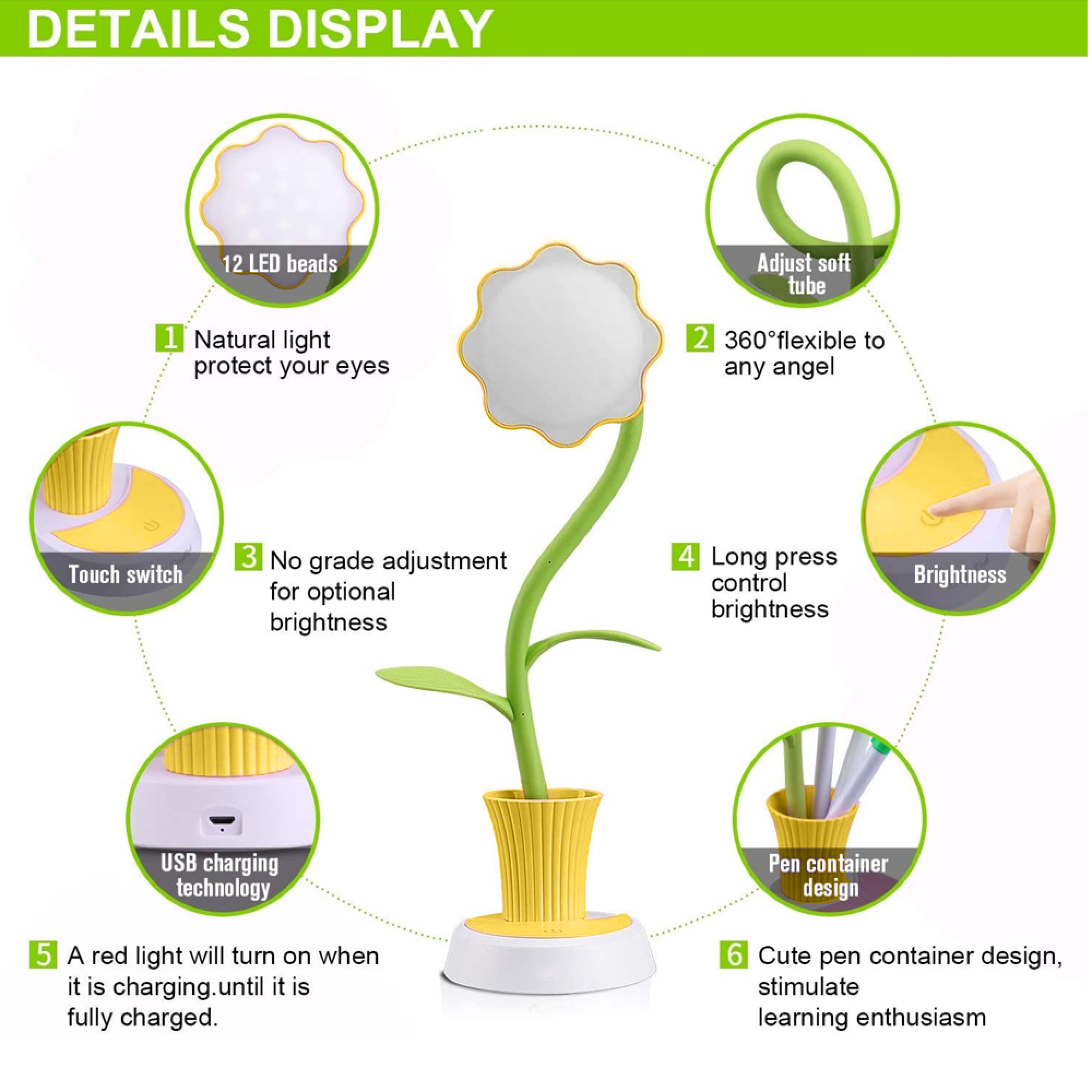 Eine Lampe in Blumenform mit flexiblem Hals, LED-Licht, Touch-Schalter und Stifthalter.
