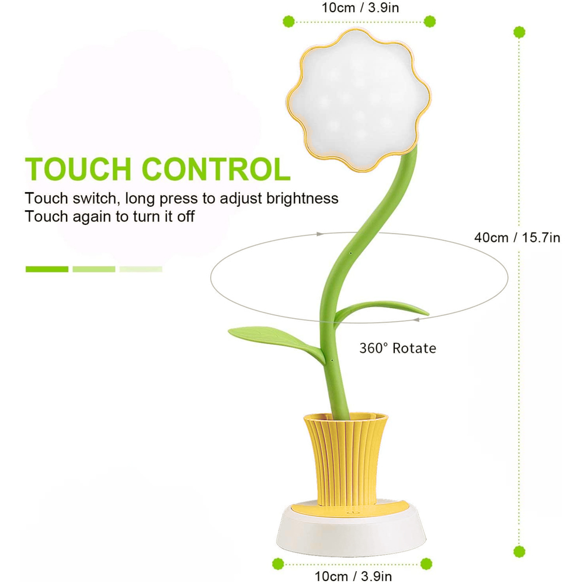 Eine Nachttischlampe in Blumenform mit Touch-Steuerung und 360°-Drehung.