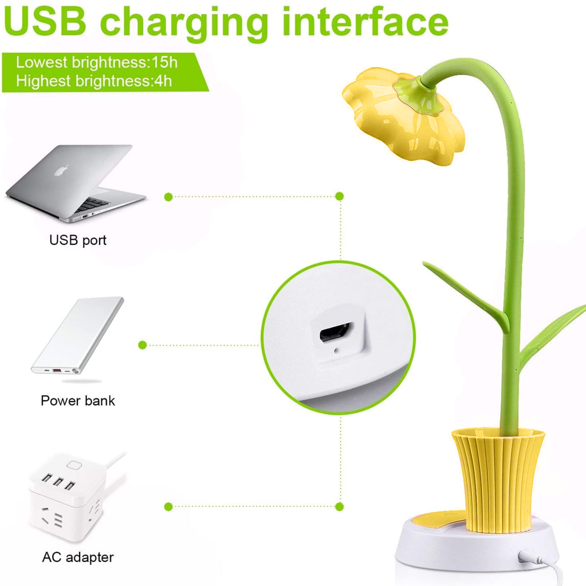 Eine grüne Lampe in Blumenform steht in einem gelben Topf. daneben sind Laptop, Powerbank und Netzteil.