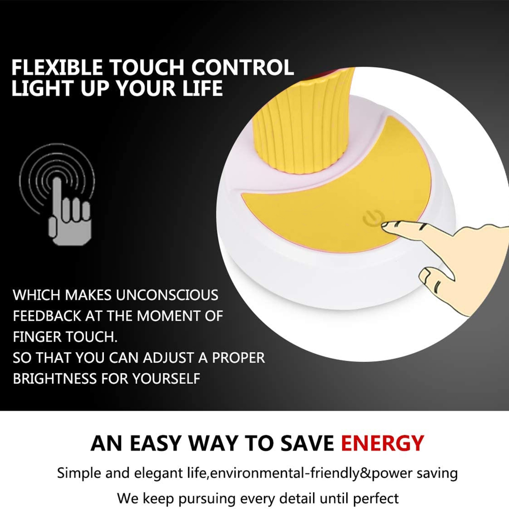 Ein Finger berührt ein gelbes Touchpad auf einer weißen Lampe.