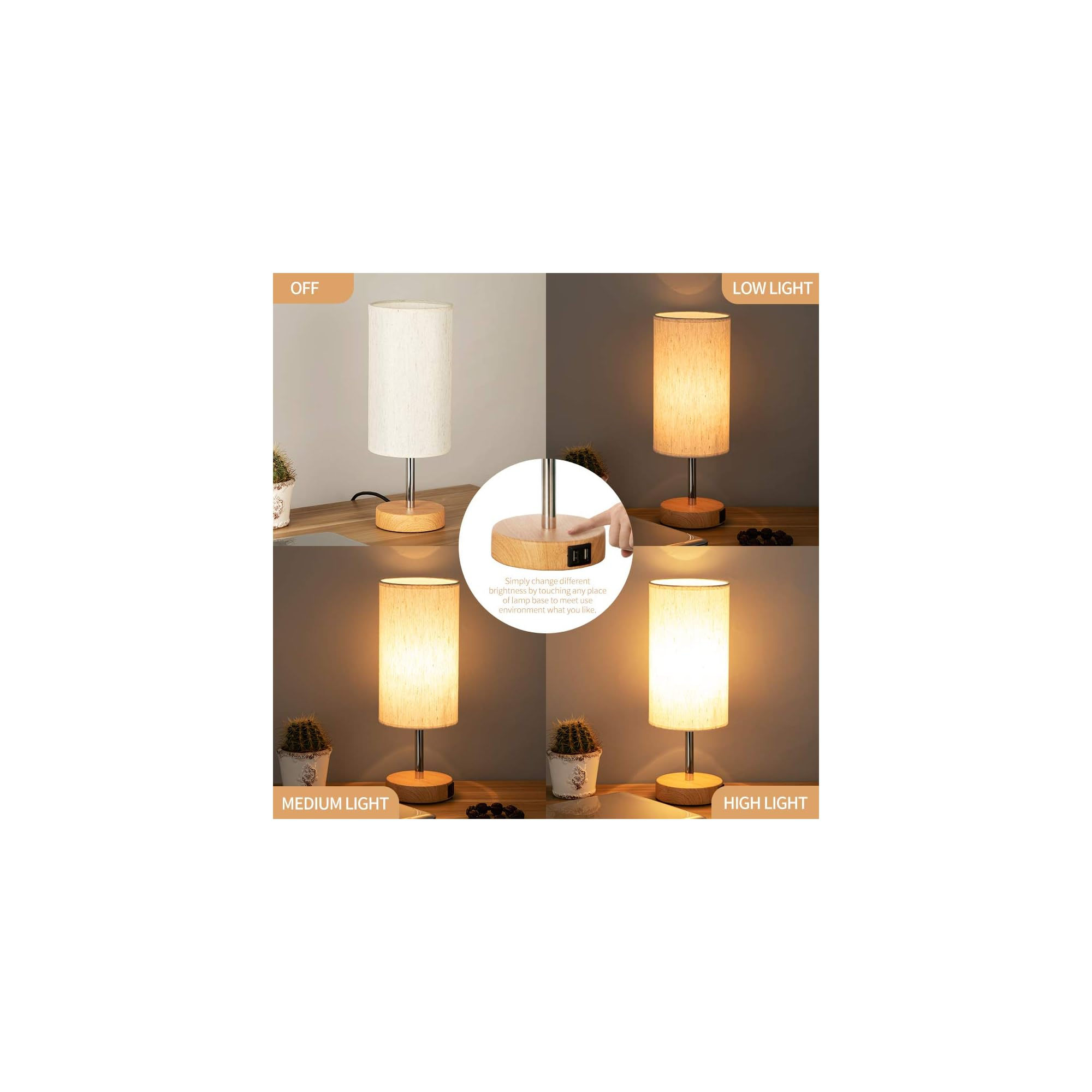 Vier Ansichten einer Lampe: Aus, schwaches, mittleres und helles Licht.