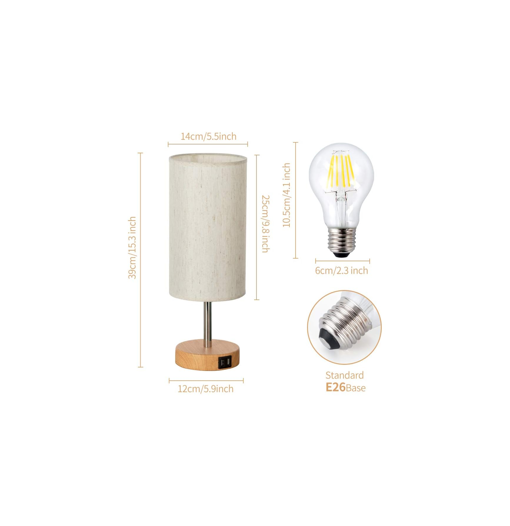 Lampe mit Holzsockel, Stoffschirm und Glühbirne mit E26-Sockel.