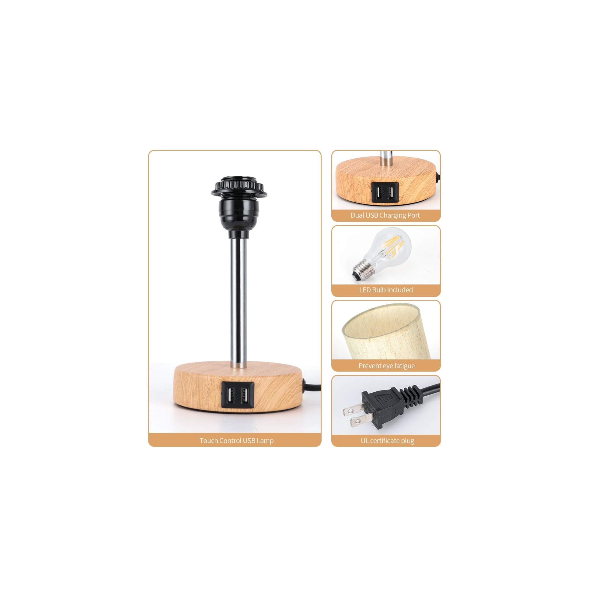 Holzlampe mit Touch-Steuerung, Dual-USB-Anschluss, LED-Birne, UL-Stecker.