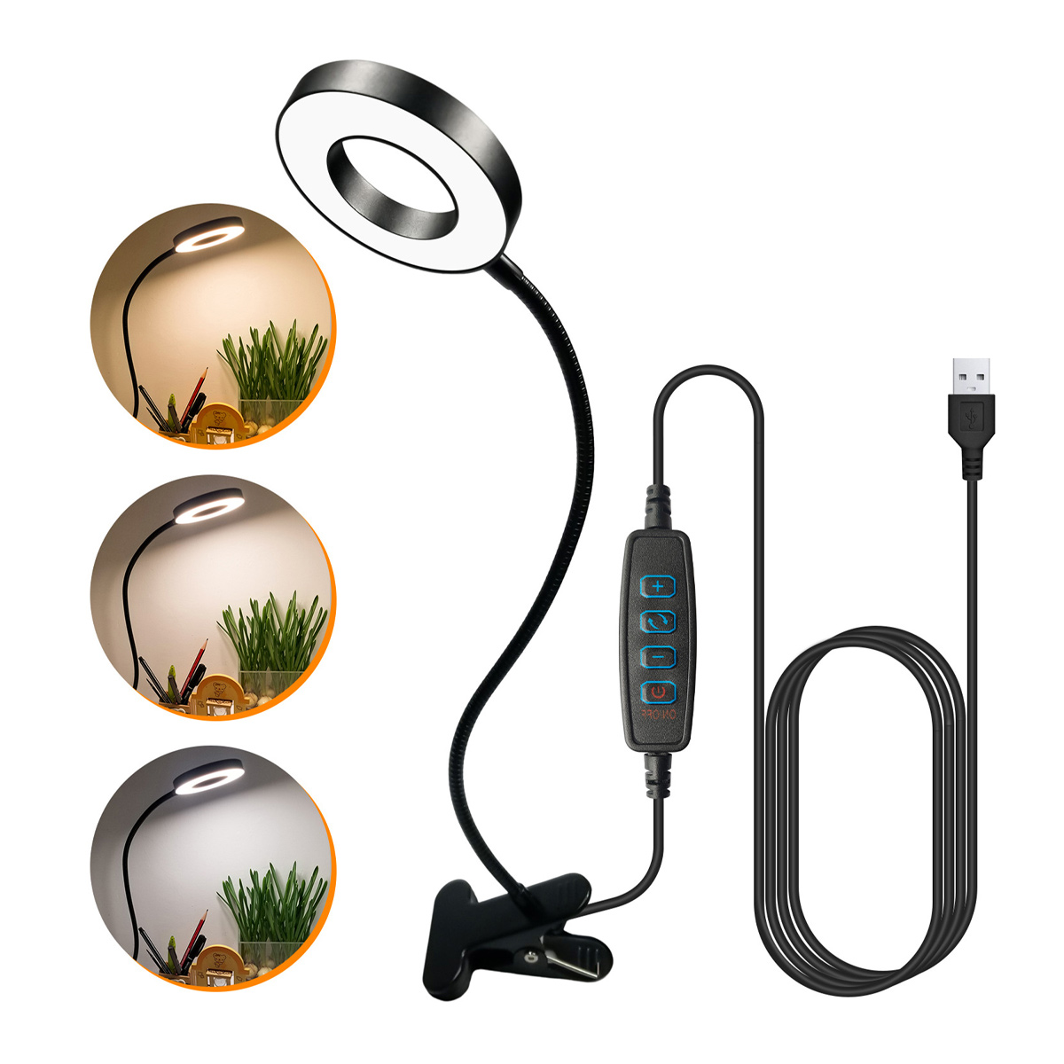 Schwarze LED-Ringlampe mit Klemme, einstellbarer Helligkeit und Farbtemperatur, USB-betrieben.