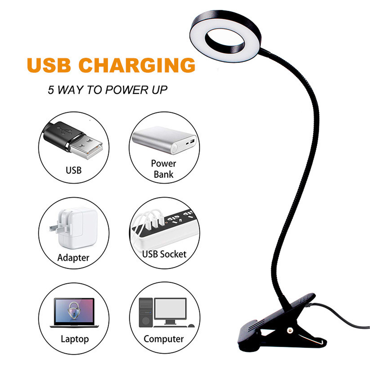 Ein USB-Ladegerät mit Ringlicht, Klemmfuß und 5 Stromversorgungsoptionen.