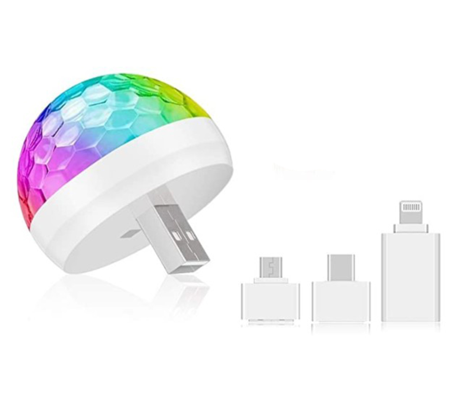 Ein bunter USB-Lichteffekt mit drei Adaptern auf weißem Hintergrund.