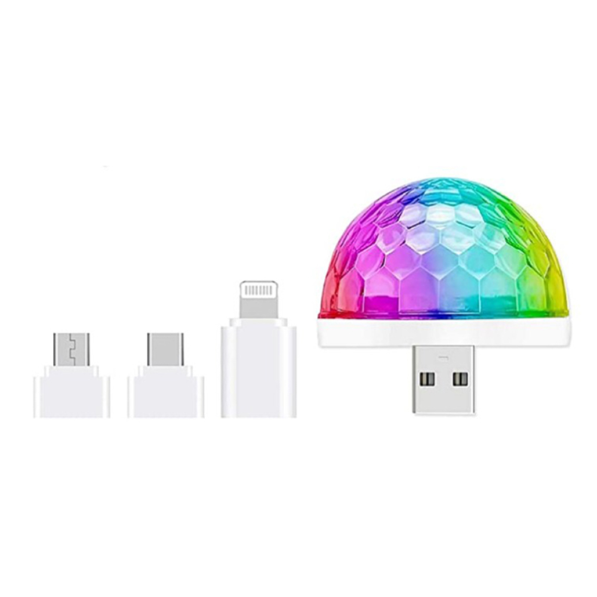 Bunte Discokugel mit USB-Anschluss und drei Adaptern.