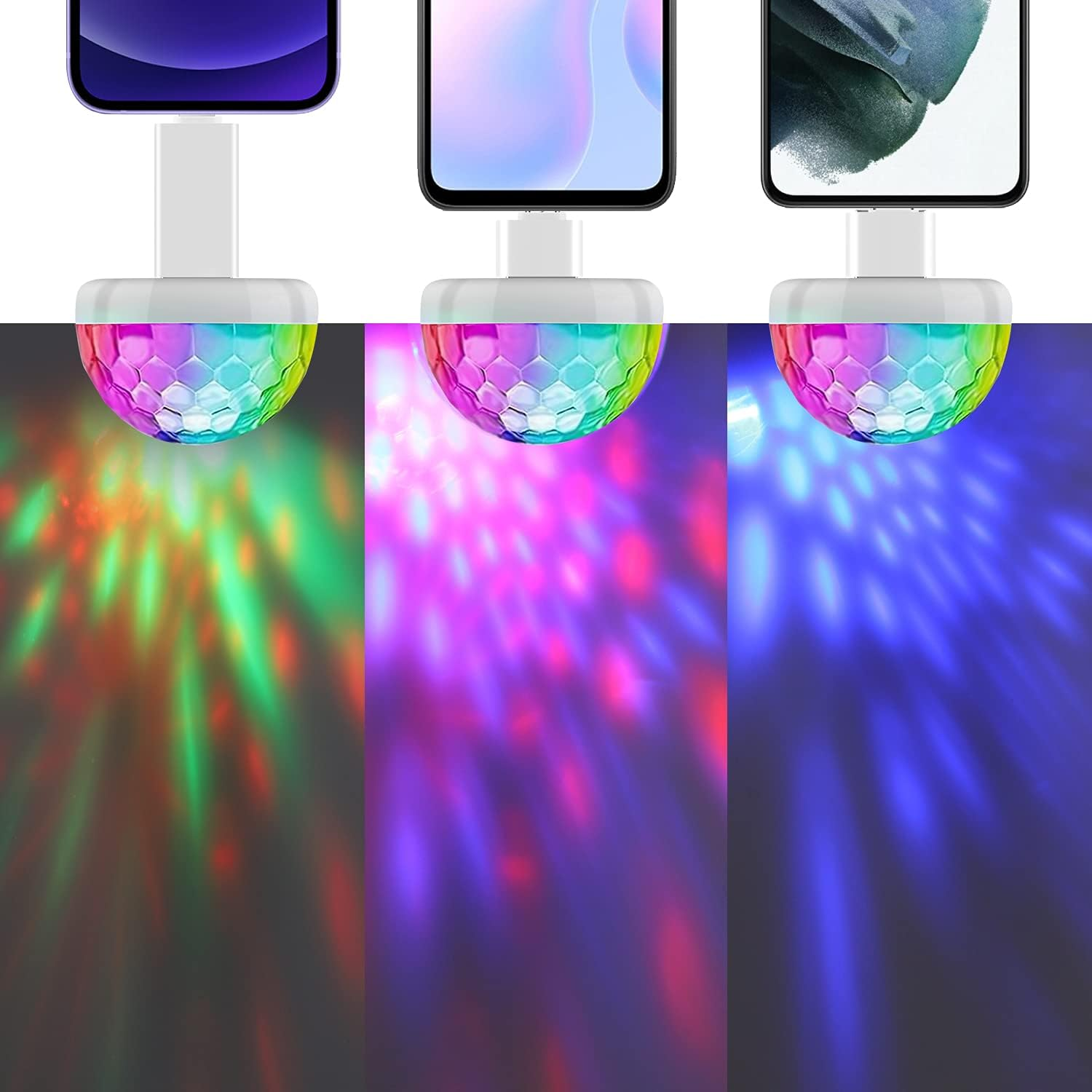 Drei Handys mit kleinen Discokugeln, die farbige Lichter werfen.