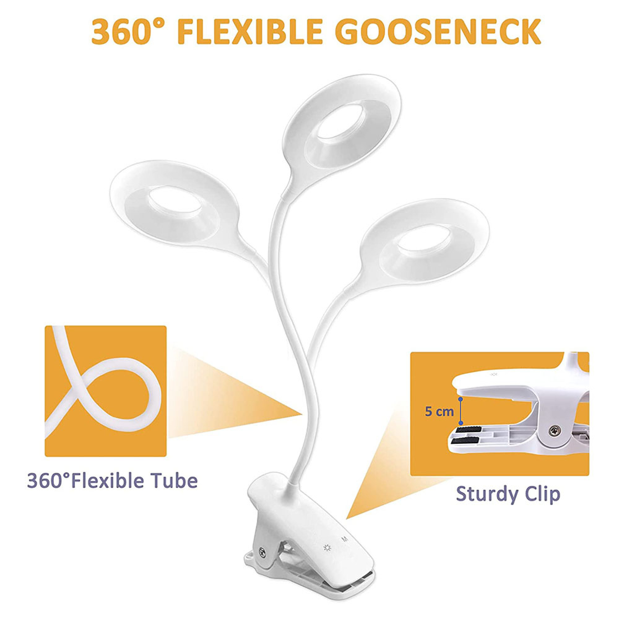Ein weißes Klemm-Leselicht mit drei flexiblen Armen und LED-Lampenköpfen.