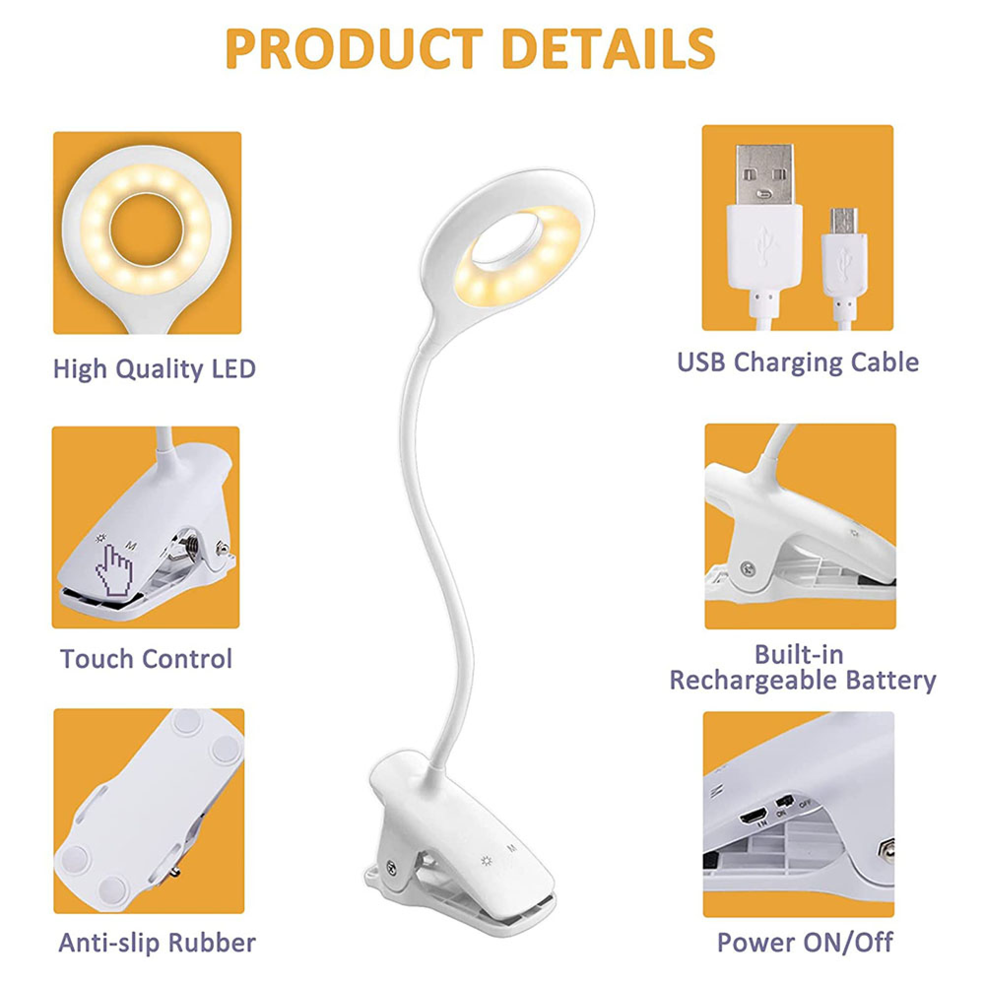 Produktdetails einer weißen LED-Klemmlampe mit USB-Kabel und Touch-Steuerung.