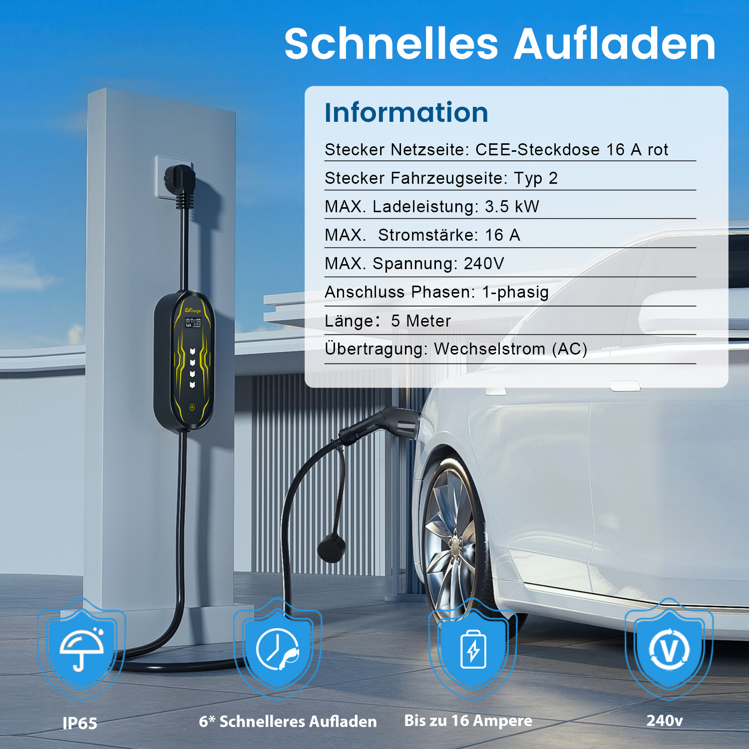 EV Ladegerät mit weißem Auto, CEE-Steckdose, 3.5 kW, 16A, 240V, 5m.