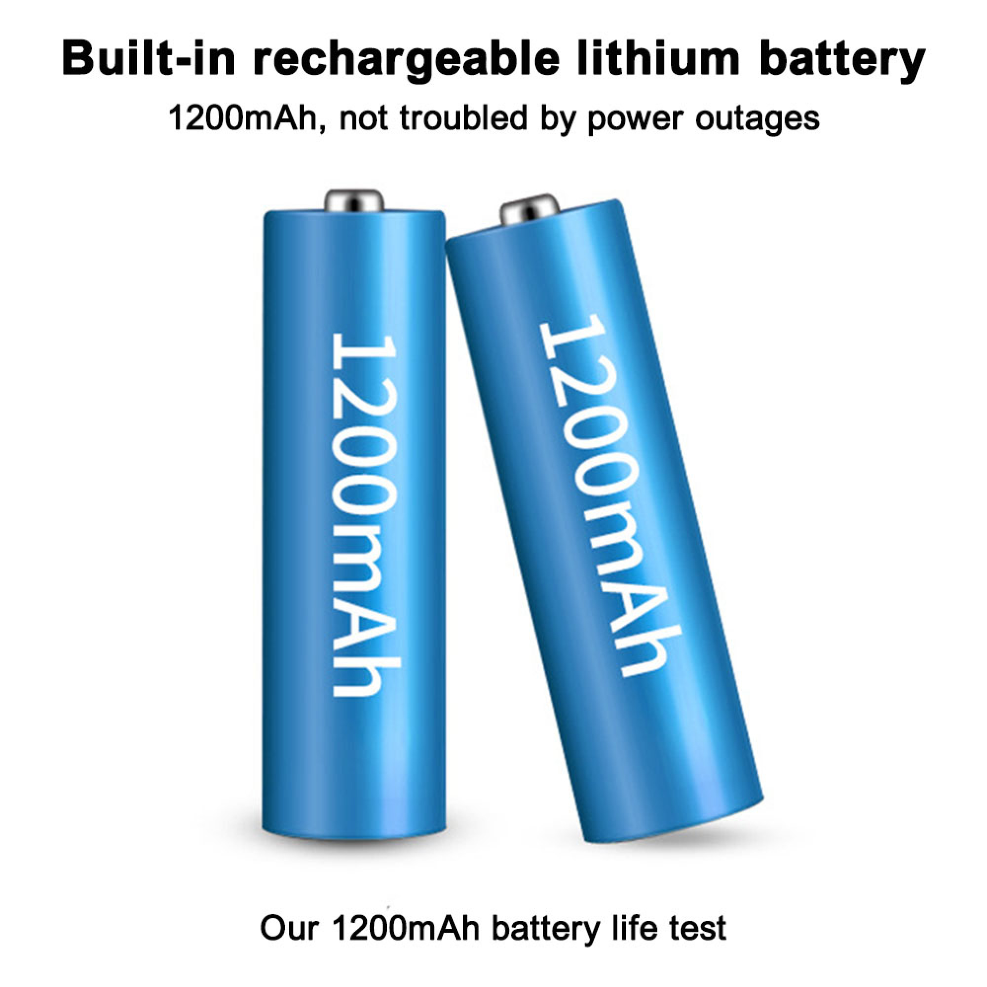Zwei blaue 1200mAh-Akkus stehen nebeneinander.