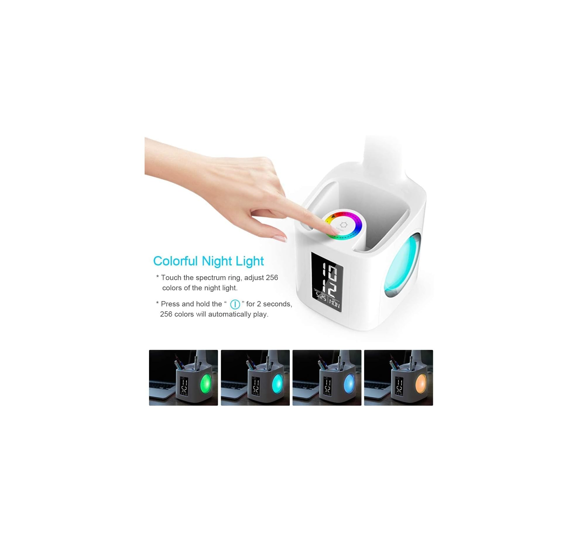 Eine Hand berührt einen bunten Lichtring auf einer weißen Schreibtischlampe mit Digitalanzeige.