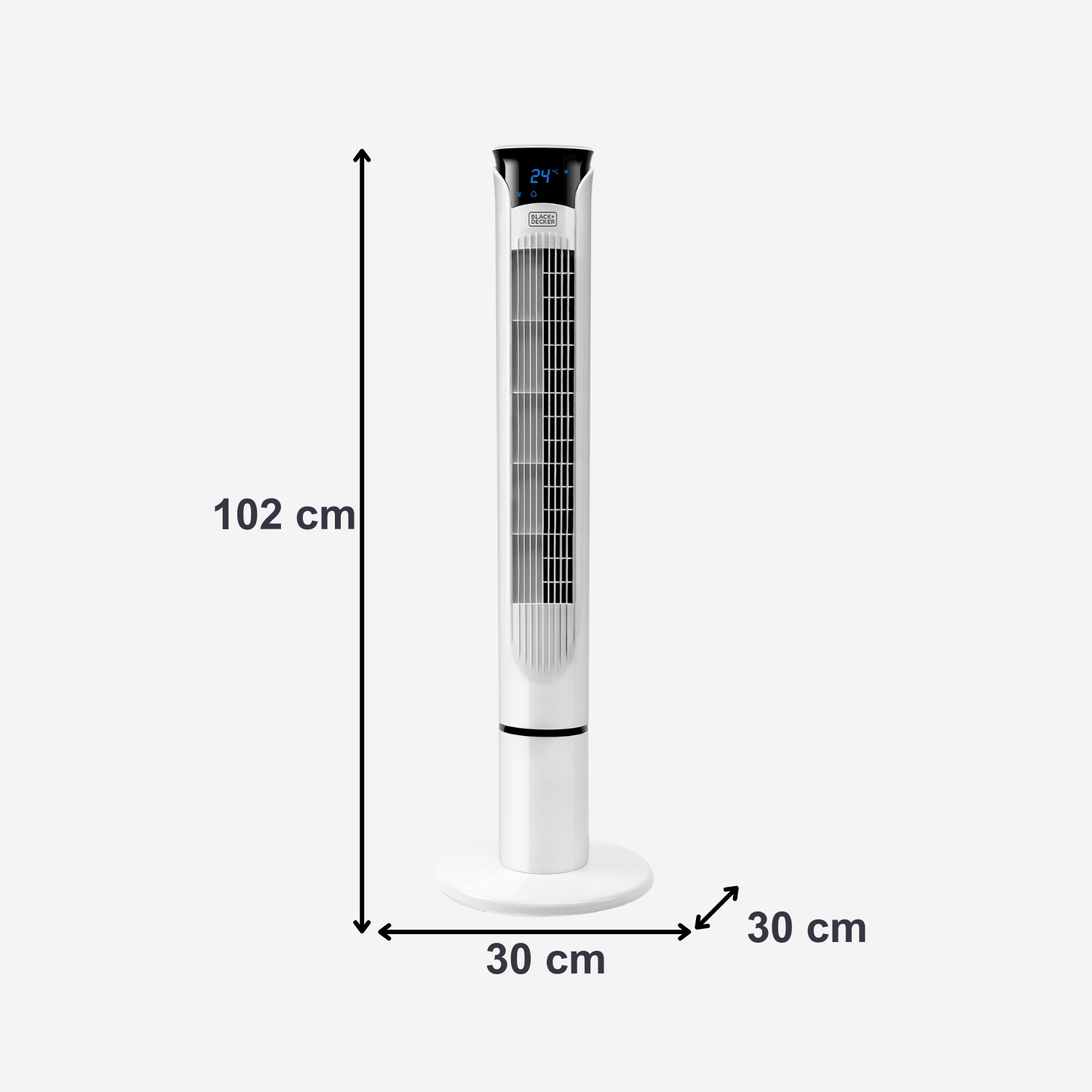 Un ventilador de torre blanco, de 102 cm de altura, con pantalla digital y base redonda.