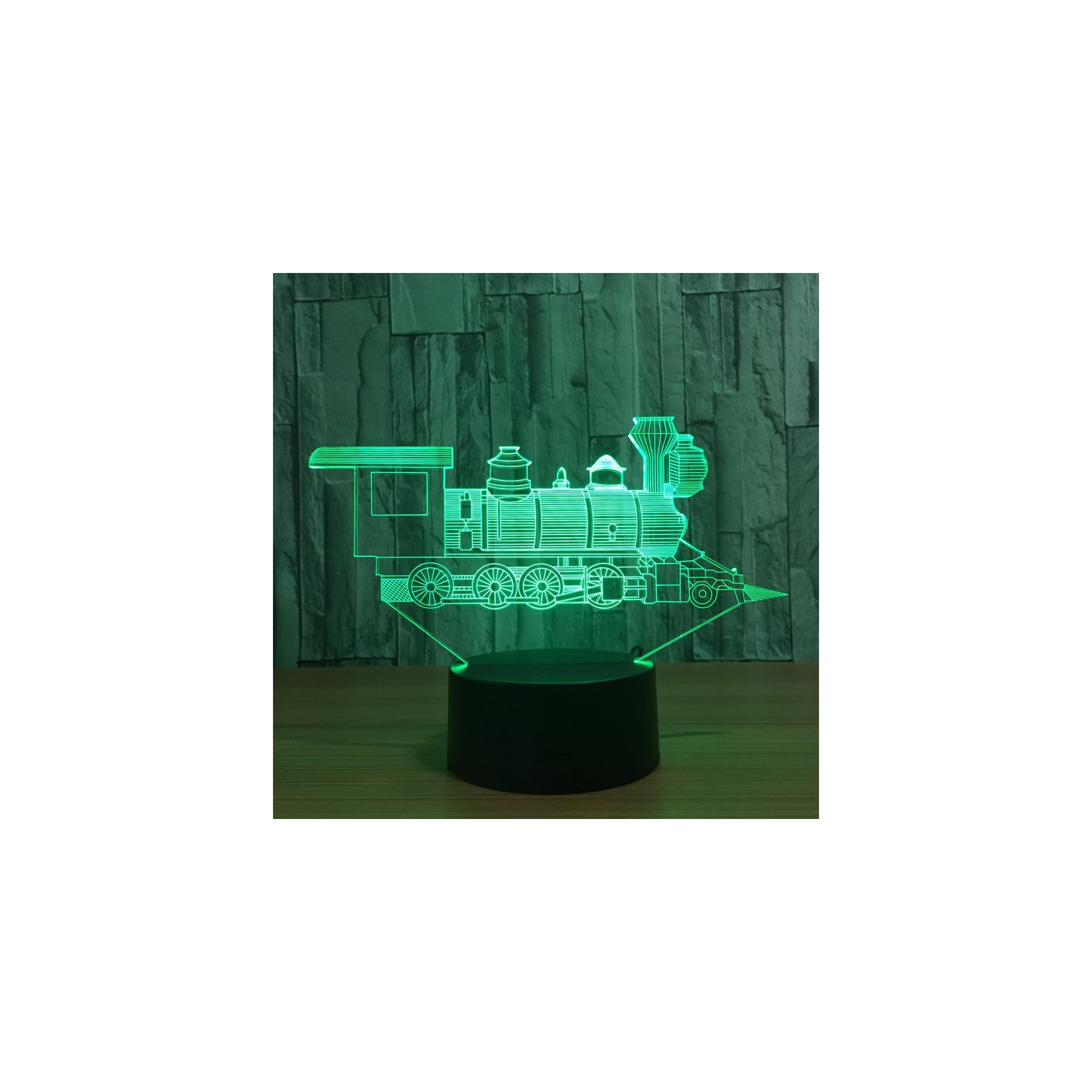 Grüne Nachtlampe in Form einer Dampflokomotive mit detaillierten Rädern und Schornsteinen.