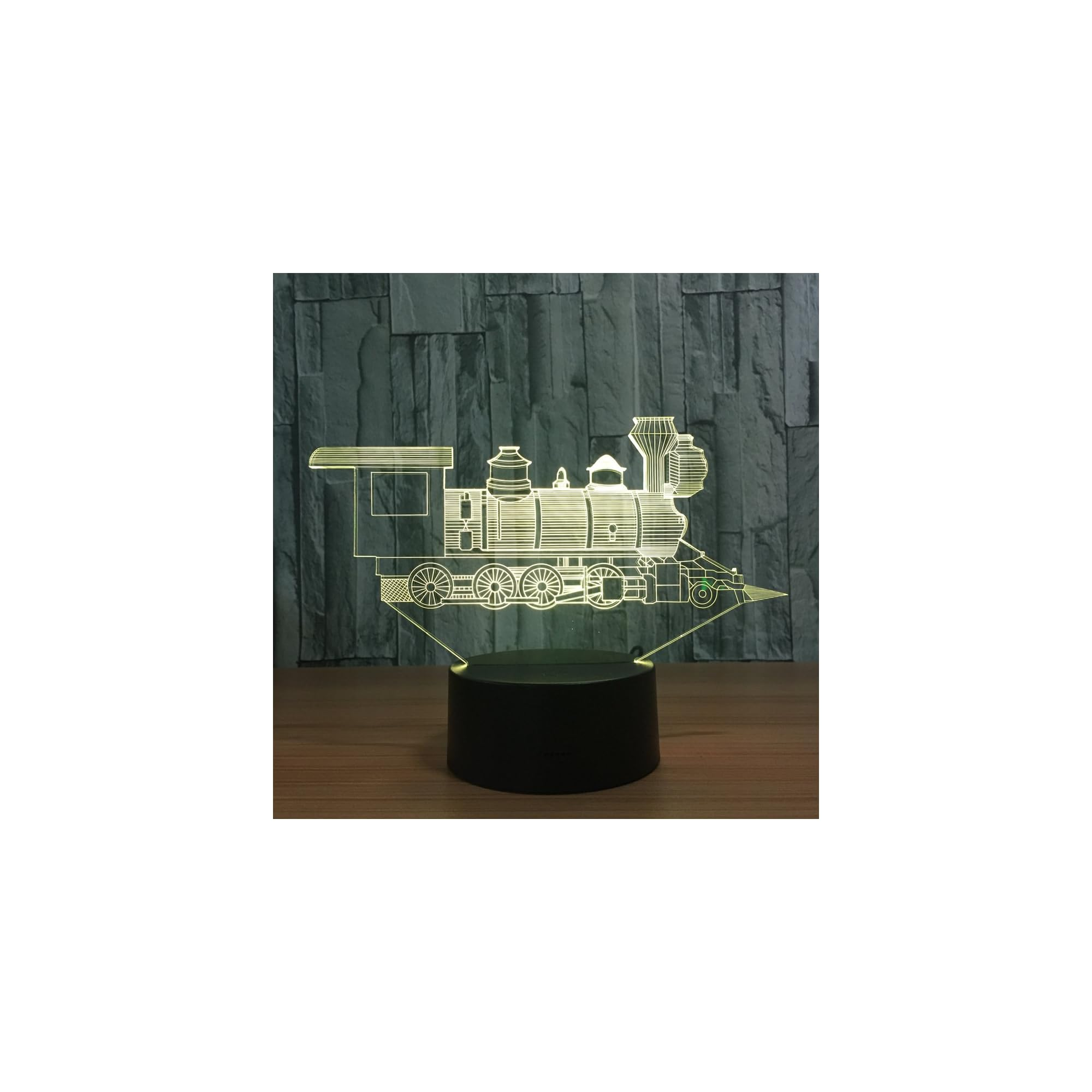 Ein leuchtendes 3D-Modell einer Dampflokomotive auf einem schwarzen Sockel.