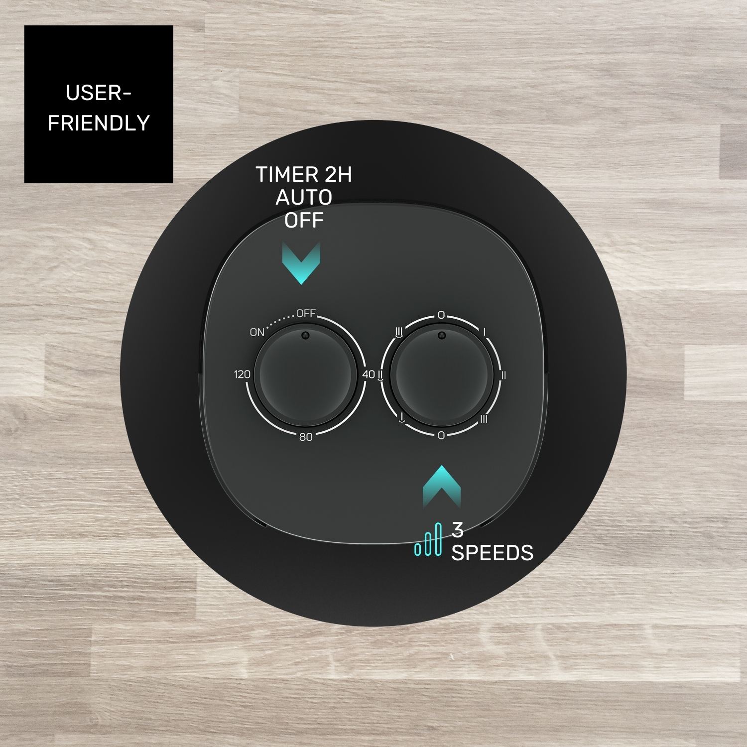 Dial de control negro con 3 velocidades y opciones de temporizador.
