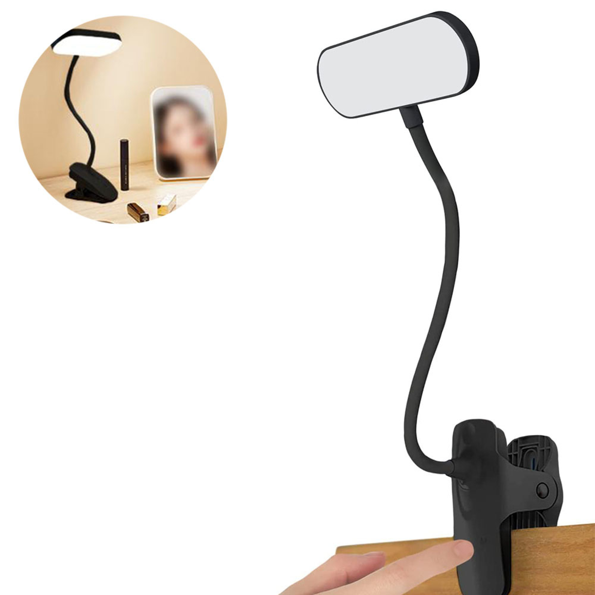 Eine schwarze Clip-on-LED-Lampe mit flexiblem Hals, an einer Holzoberfläche befestigt.