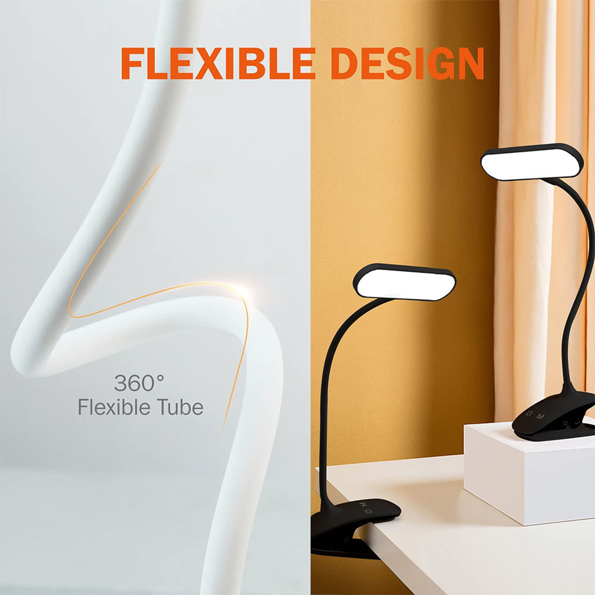 Zwei Klemm-Leselampen mit flexiblen Armen und LEDs auf einem weißen Tisch.