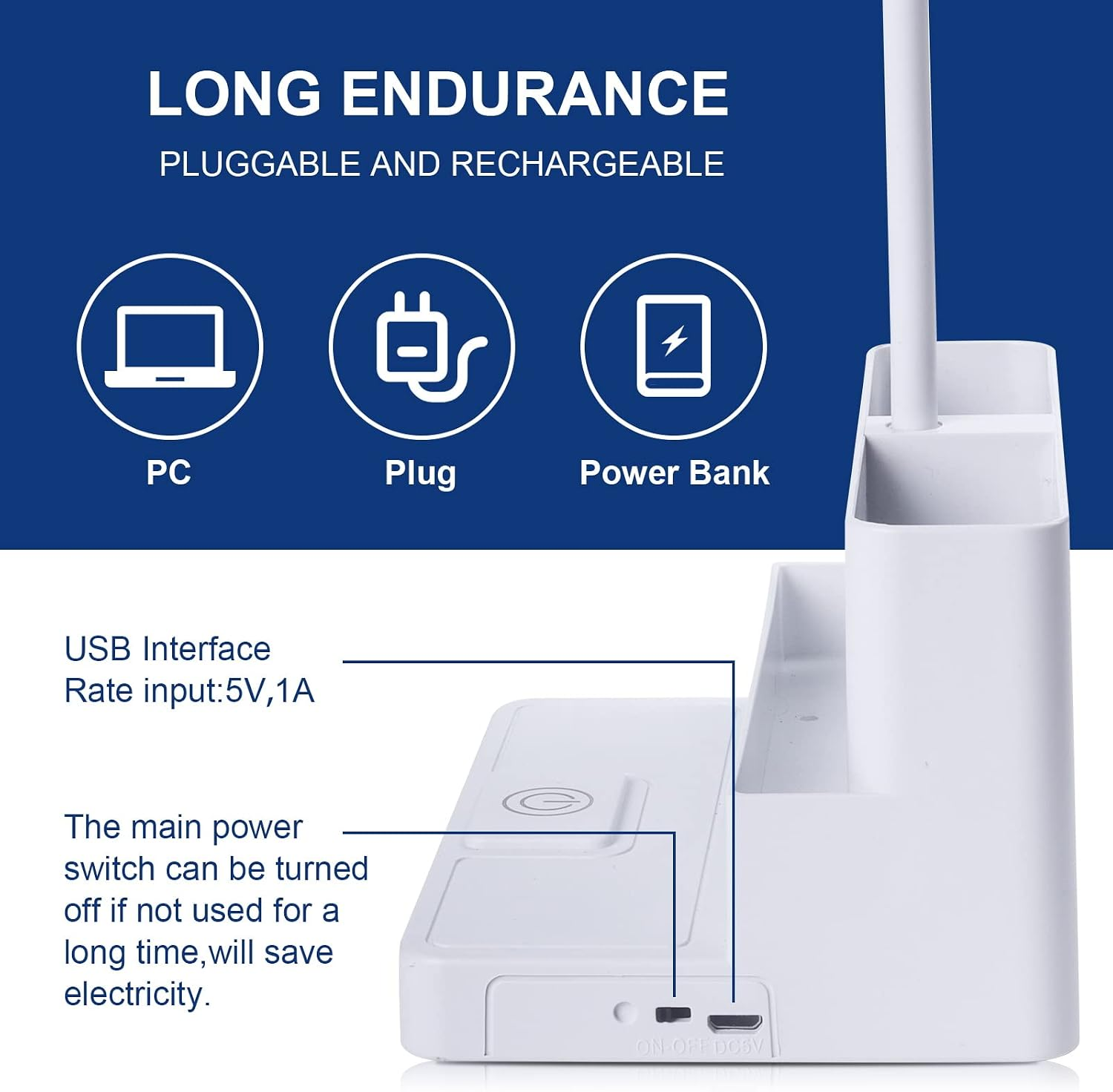 Weiße Lampe mit USB-Anschluss und Ladeanzeige. Text: Lange Ausdauer.