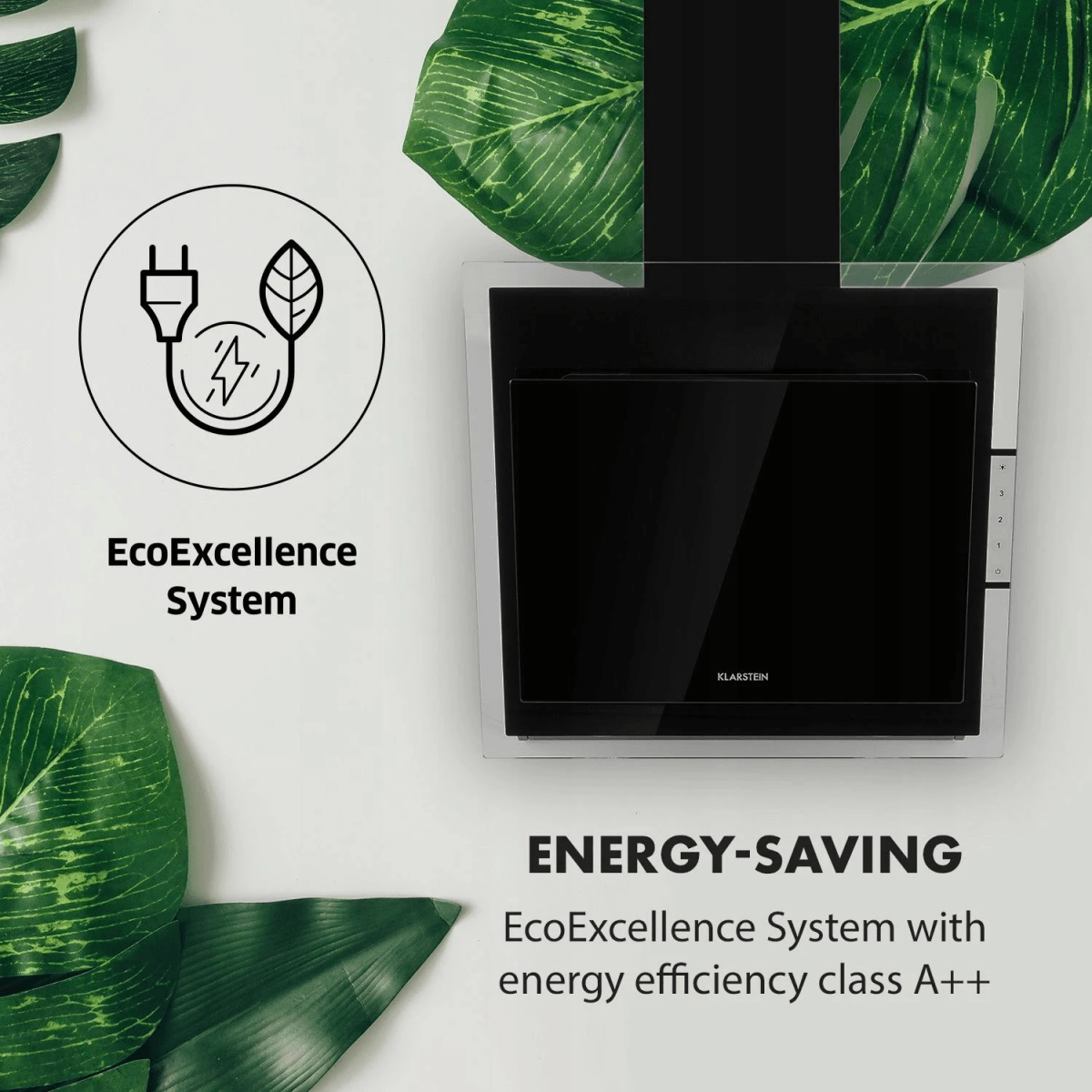 Una campana extractora negra con logo y texto EcoExcellence System, rodeada de hojas verdes.